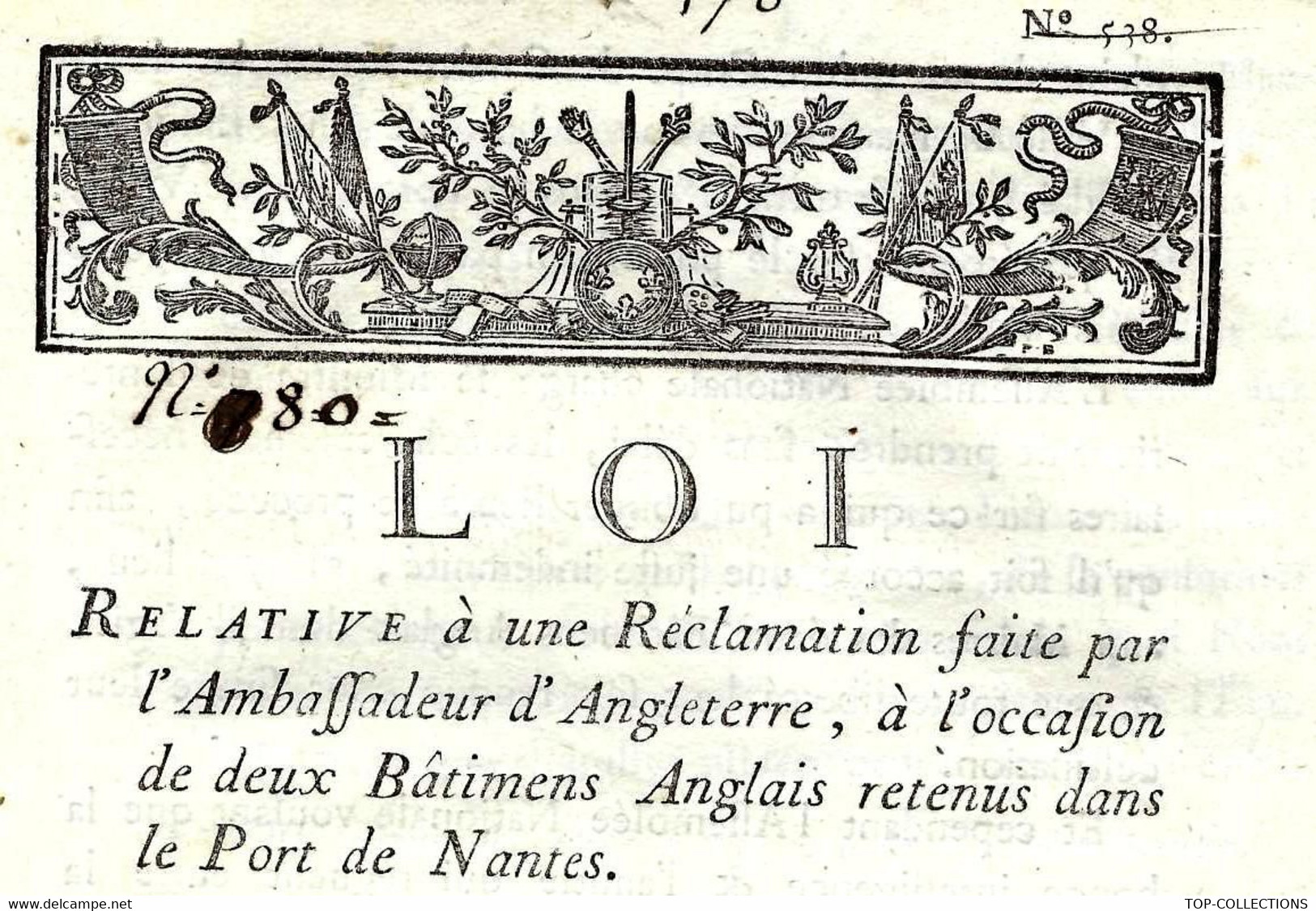 REVOLUTION  1791 LOI Par NAVIGATION CONFLIT ANGLETERRE France 2 NAVIRES ANGLAIS RETENUS Au Port De NANTES V.SCANS - Historische Dokumente