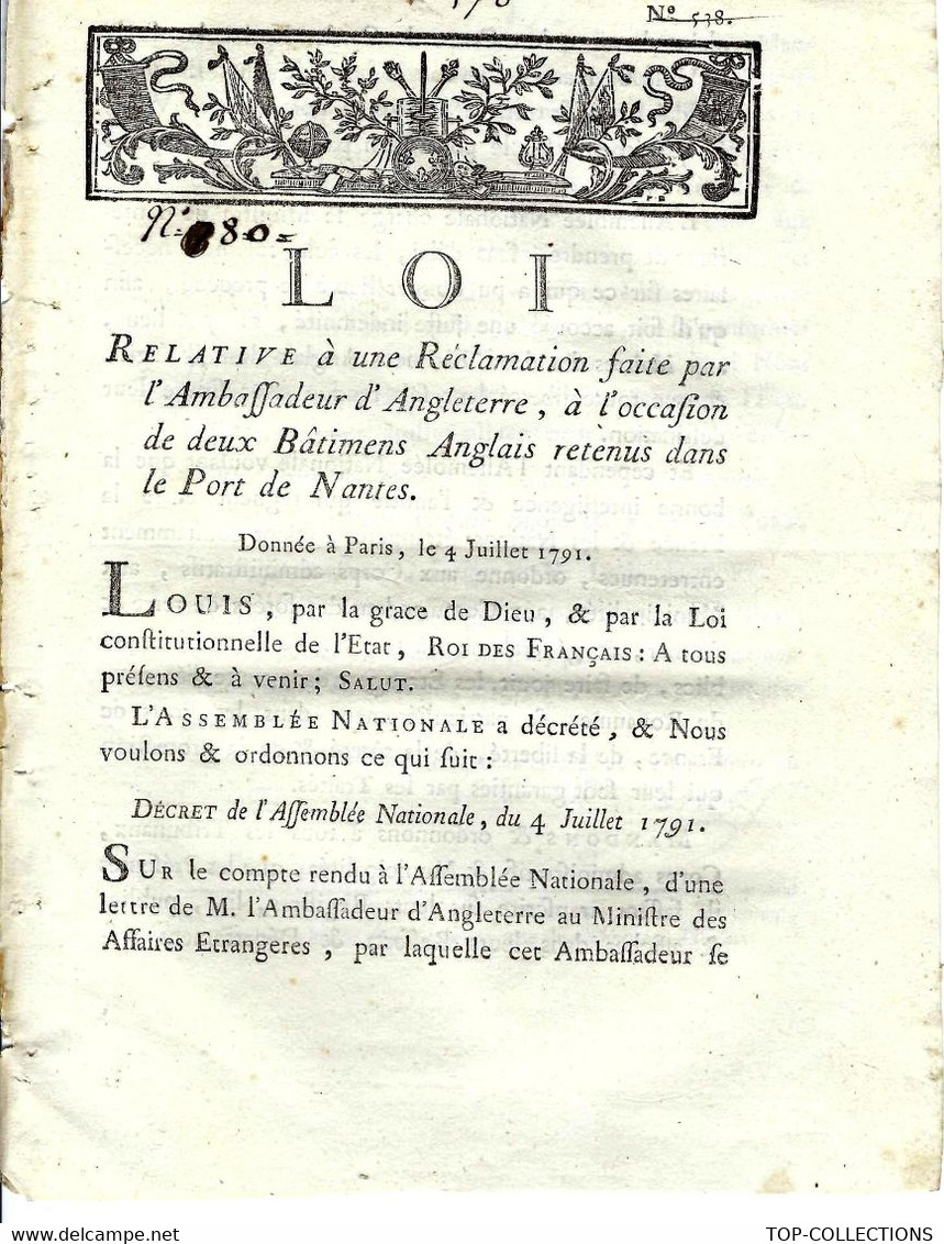 REVOLUTION  1791 LOI Par NAVIGATION CONFLIT ANGLETERRE France 2 NAVIRES ANGLAIS RETENUS Au Port De NANTES V.SCANS - Documents Historiques