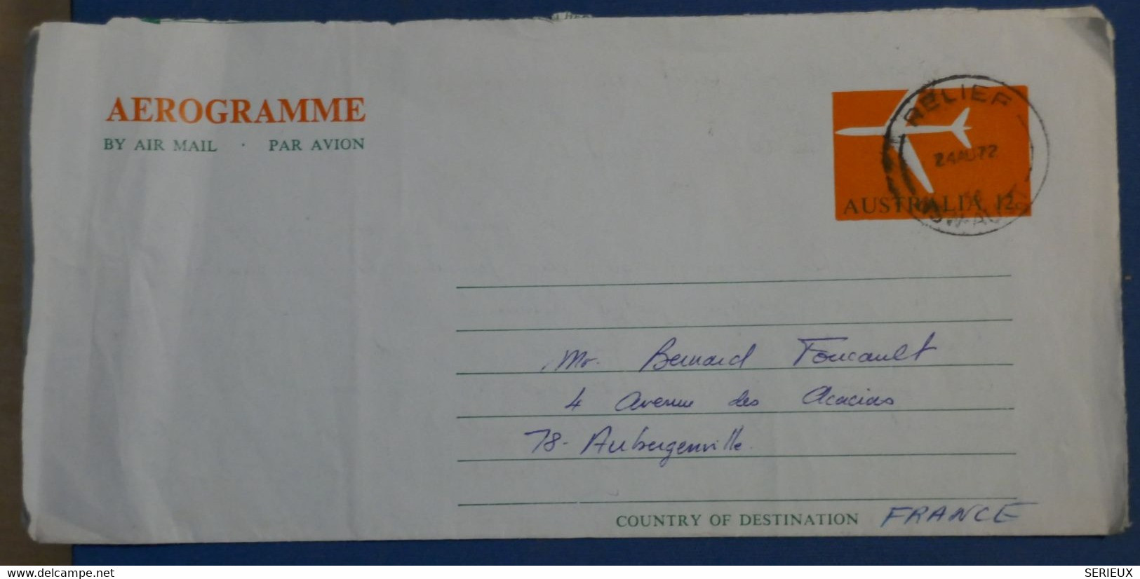 A0 11 AUSTRALIA BELLE LETTRE AEROGRAMME 1972 REFIEF  POUR AUBERGENVILLE FRANCE   +AFFRANCH. INTERESSANT - Cartas & Documentos