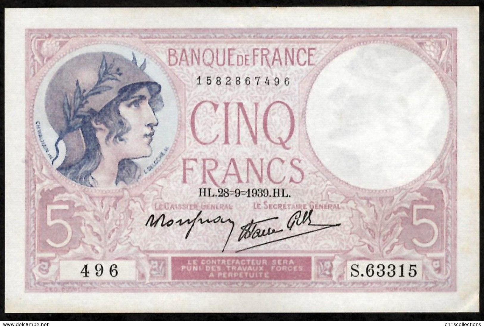 FRANCE - 5 Francs Violet - 28.9.1939 - F:4/10 -  N°S. - Petites Salissures, Petits Plis - TTB+ - 5 F 1917-1940 ''Violet''