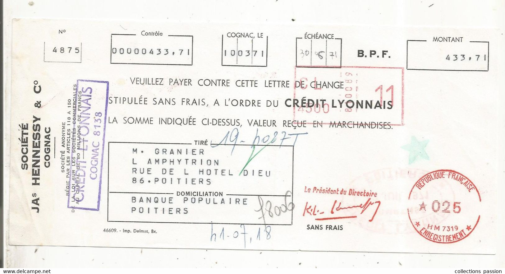 Lettre De Change ,JAs HENNESSY & Co , COGNAC, Charente , 1971 , Timbrée , Frais Fr 1.75e - Lettres De Change