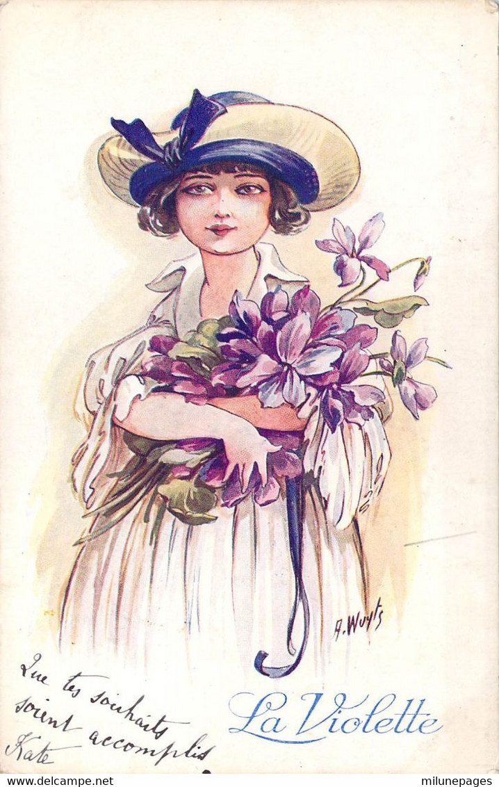 Carte Postale Illustrée Par Wuyts D'une Jeune Femme Aux Violettes - Wuyts