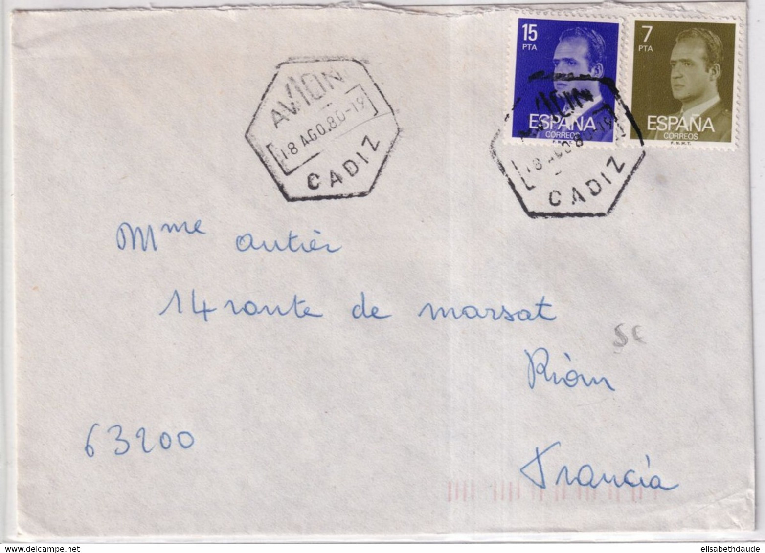1980 - ESPAGNE - CACHET AVION ! Sur ENVELOPPE De CADIZ => RIOM - Lettres & Documents