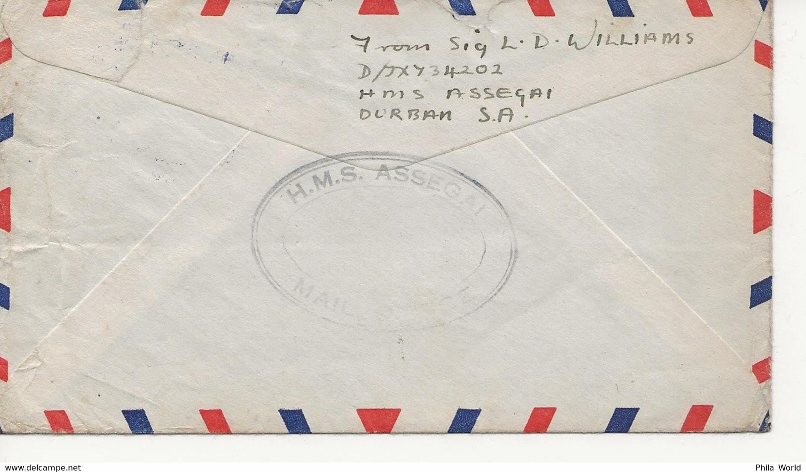 WW2 HMS ASSEGAI BACKSTAMP ON UNDATED COVER MARITIME MAIL CACHET ROYAL NAVAL HOSPITAL DURBAN South Africa - Bateaux