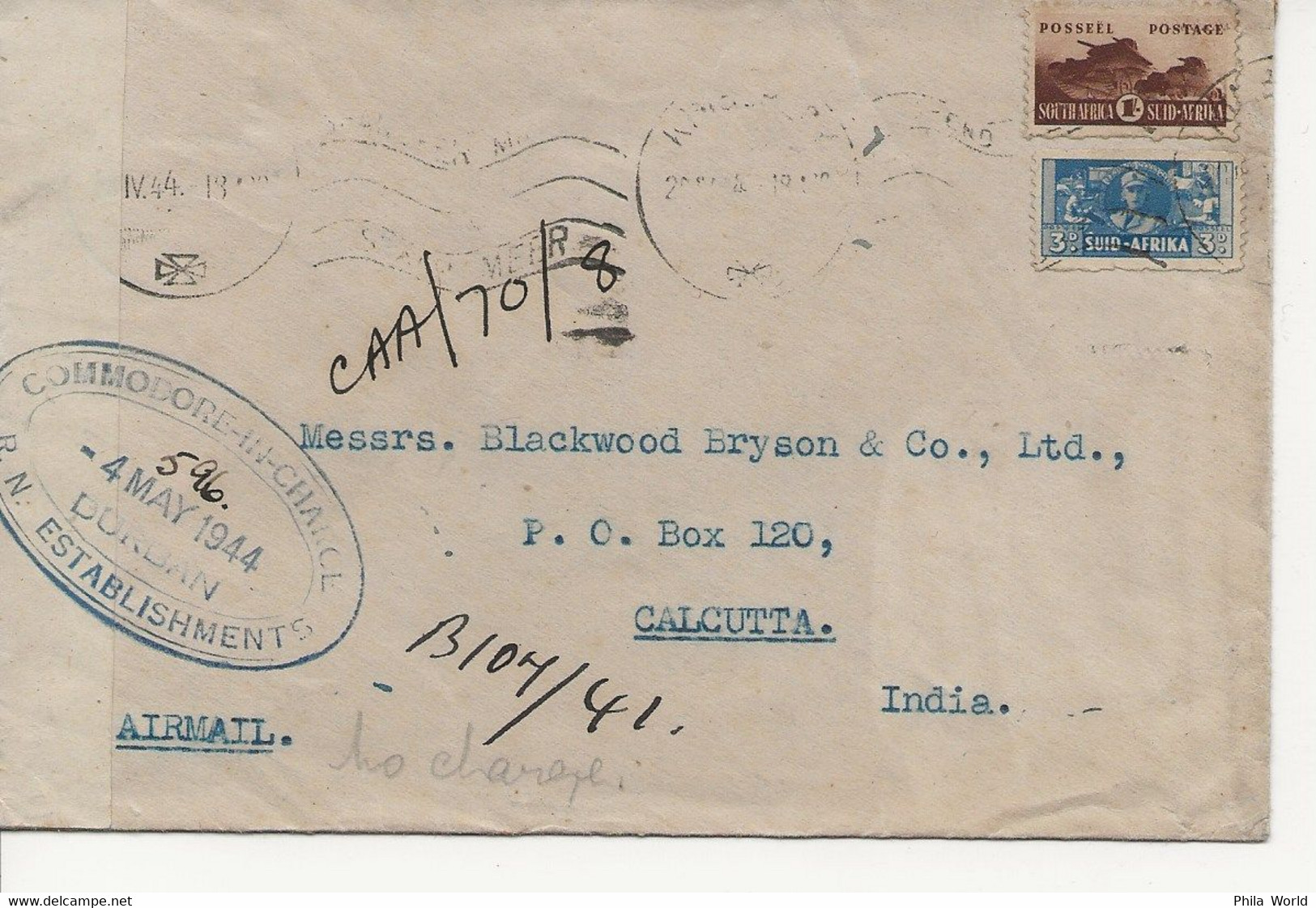 WW2 APR 1944 COMMOSORE IN CHARGE RN ESTABLISHMENTS DURBAN South Africa To INDIA Calcutta - Bateaux