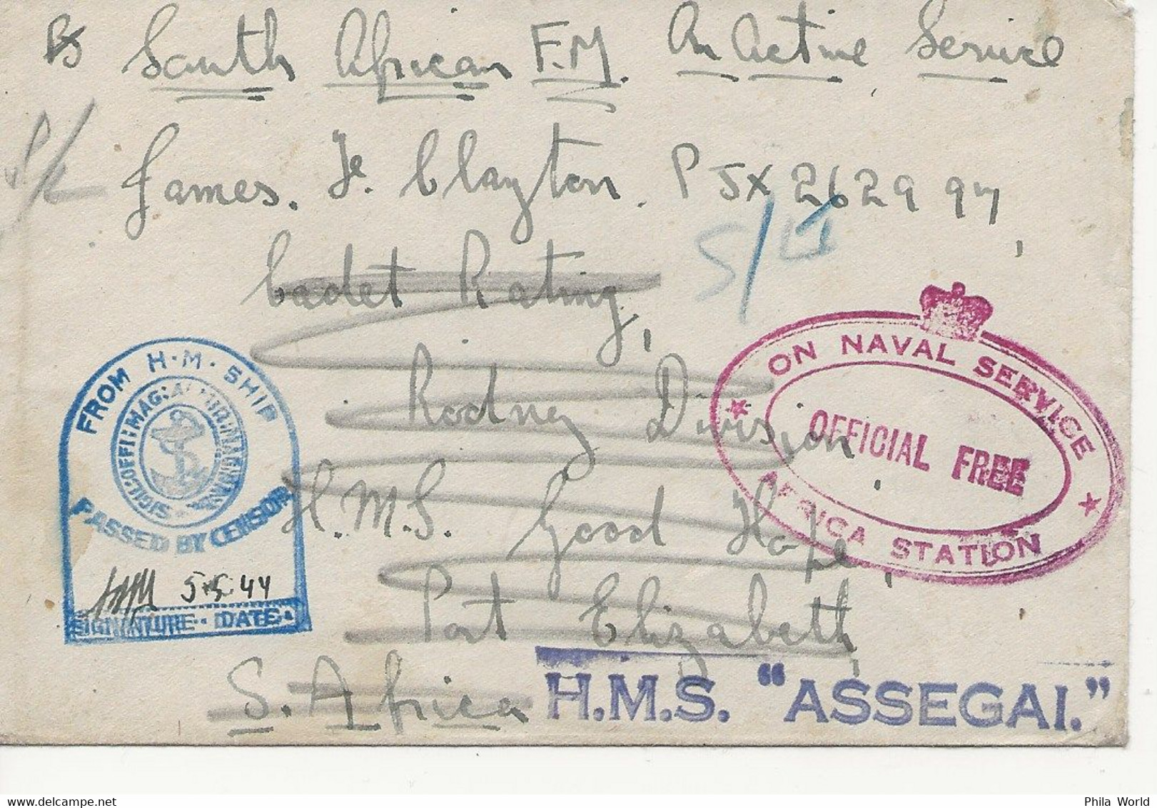 WW2 5 MAY 1944 CENSORED COVER FROM HM SHIP NAVAL SERVICE TO RATING ON HMS GOOD HOPE DURBAN South Africa - Bateaux