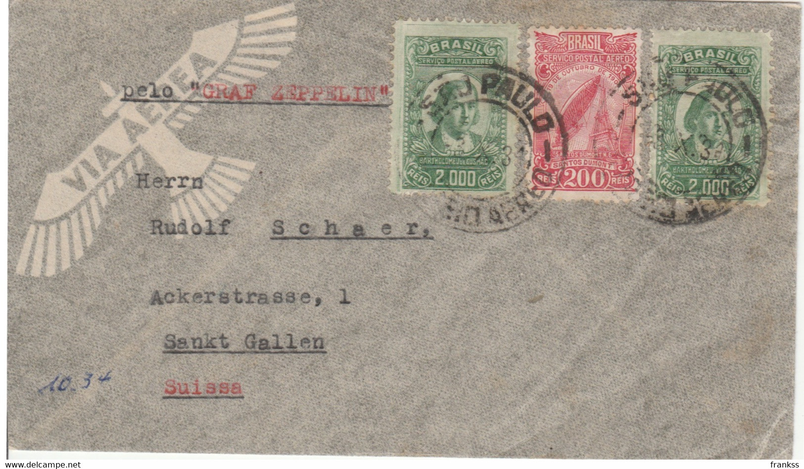 Luftpost  Graf Zeppelin Brasil - Suisse Sankt Gallen ???? - Lettres & Documents