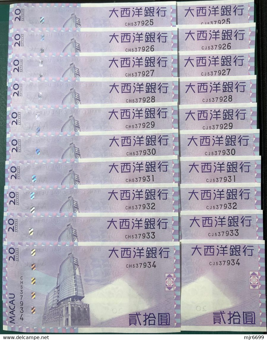 MACAU 2013 20 PATACAS BNU 2 X 10 PAIR OF SAME NUMBER DIFFERENT PREFIX, 100% UNC - 537925 TO 537934 - Macau