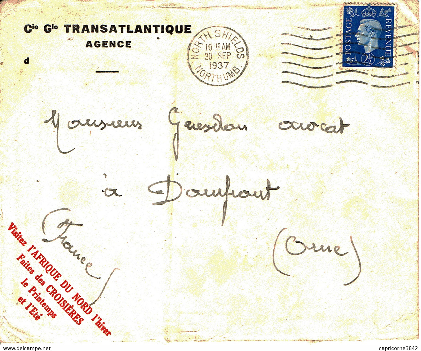 1937 - Enveloppe De La Cie Gle Transatlantique - Cachet "NORTH SHIELDS - NORTHUMB." Tp N° 213 - Postmark Collection