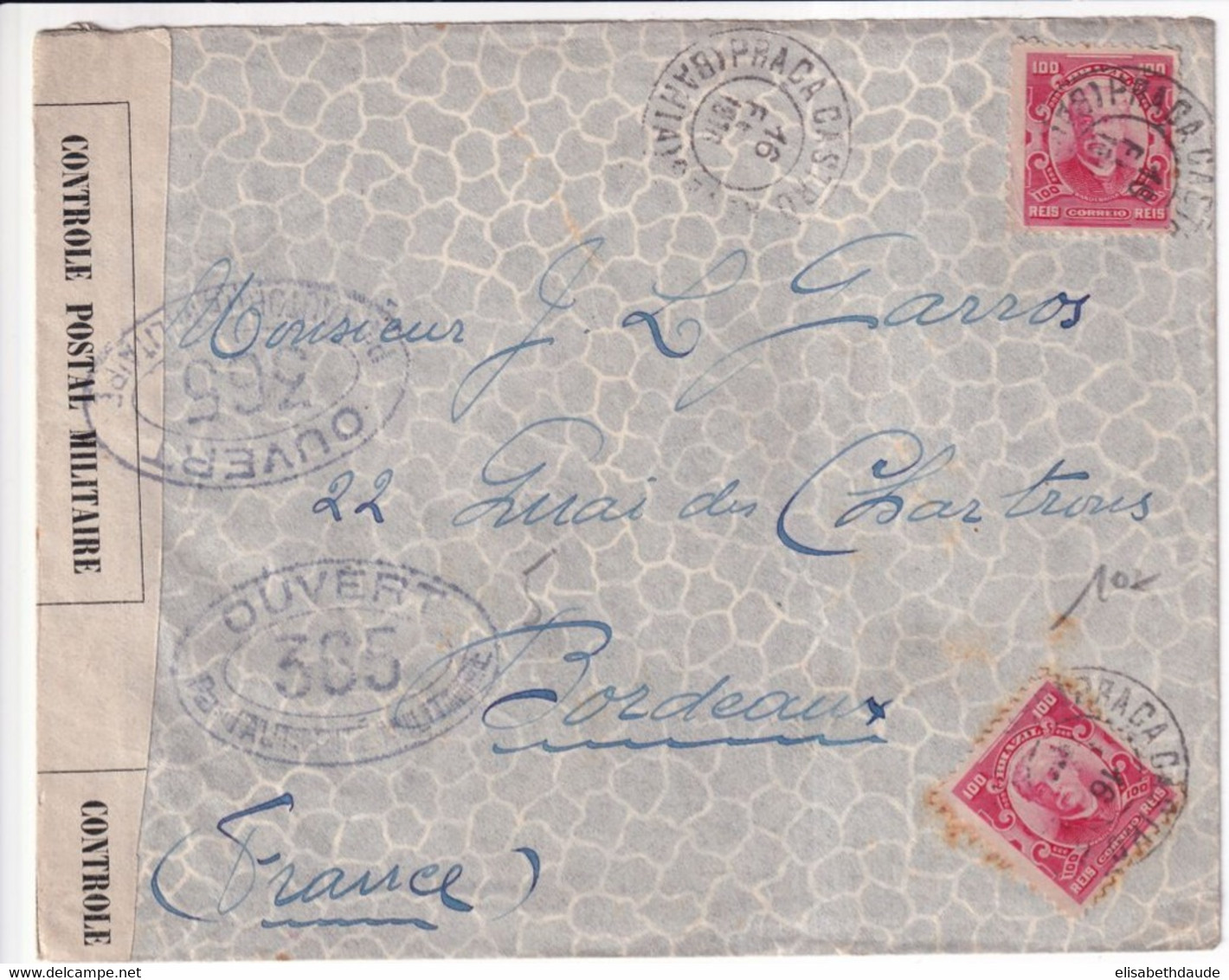 BRESIL - 1916 - ENVELOPPE Avec CENSURE FRANCAISE De BAHIA => BORDEAUX - Lettres & Documents