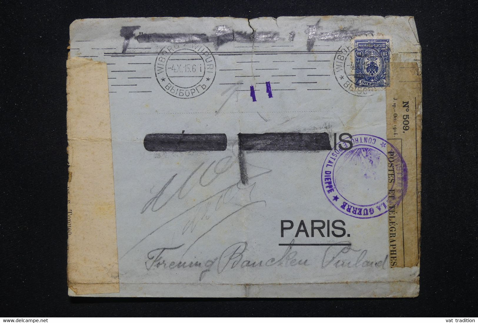 FINLANDE / RUSSIE - Enveloppe De Vyborg Viipuri Pour Paris En 1915 Avec Contrôles Postaux  - L 114688 - Storia Postale