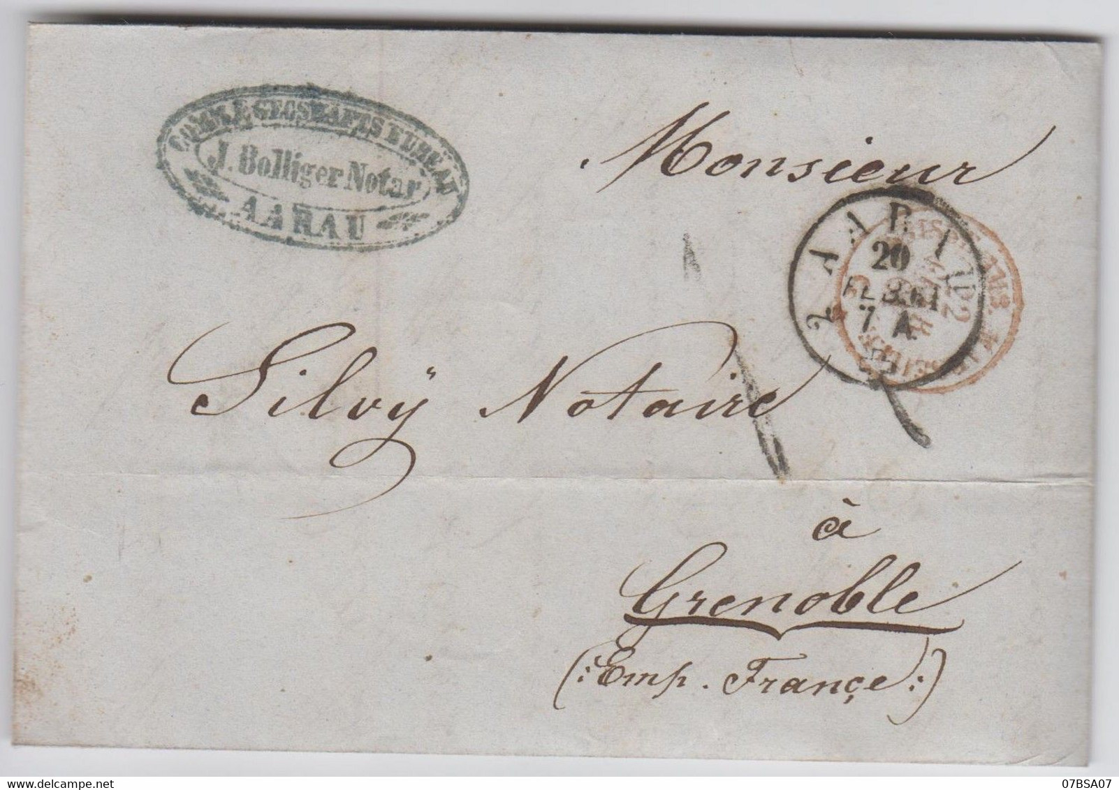 AARAU LAC 1861 SUISSE MARSEILLE ROUGE CACHET D'ENTREE TAXE 4 TAMPON => GRENOBLE - 1849-1876: Periodo Clásico