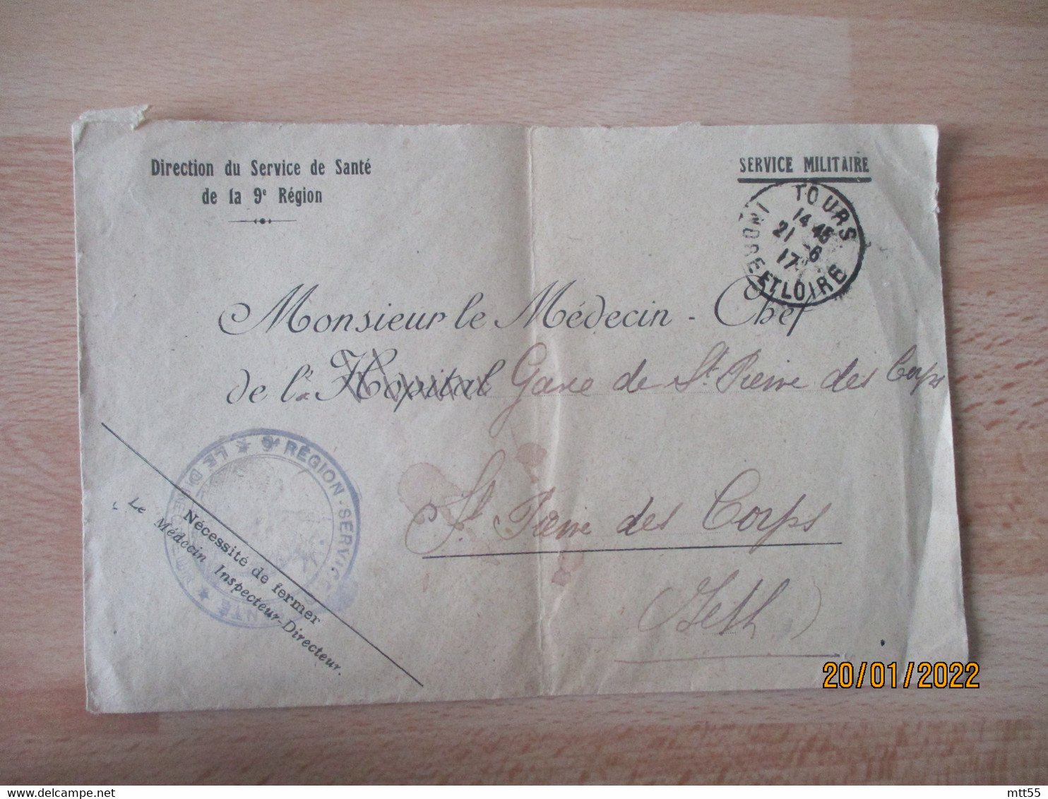 Tours Direction Service De Sante  Eme Region Cachet Franchise Postale Guerre 14.18 Avec Courrier - Oorlog 1914-18