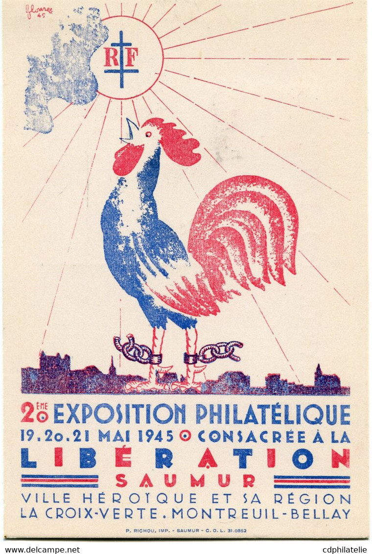 FRANCE CARTE POSTALE 2eme EXPOSITION PHILATELIQUE 19-20-21 MAI 1945 CONSACREE A LA LIBERATION SAUMUR...AVEC AU DOS OBL.. - 1945-47 Cérès De Mazelin