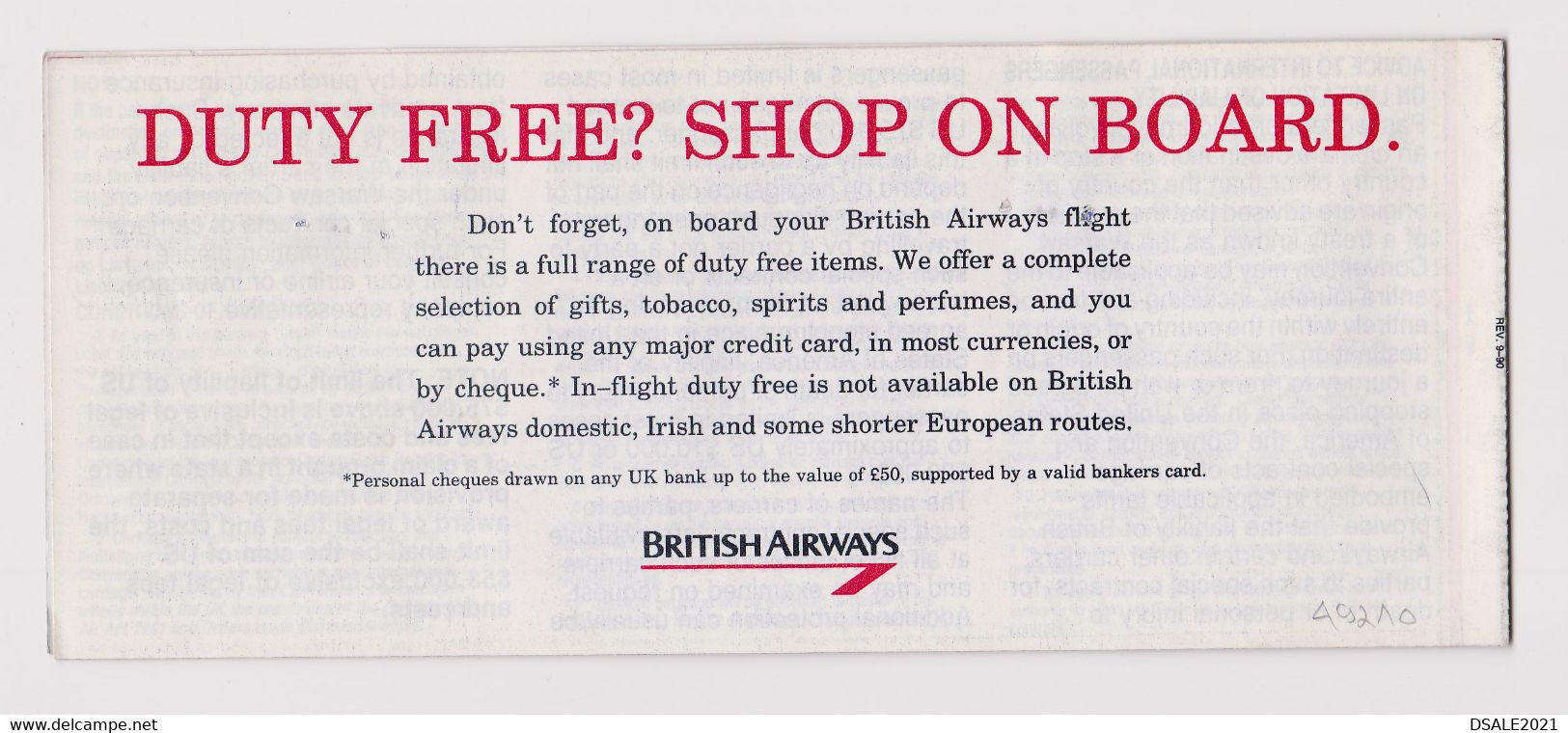 UK England United Kingdom Airlines Airline Carrier BRITISH AIRWAYS Passenger Ticket Used (49210) - Monde