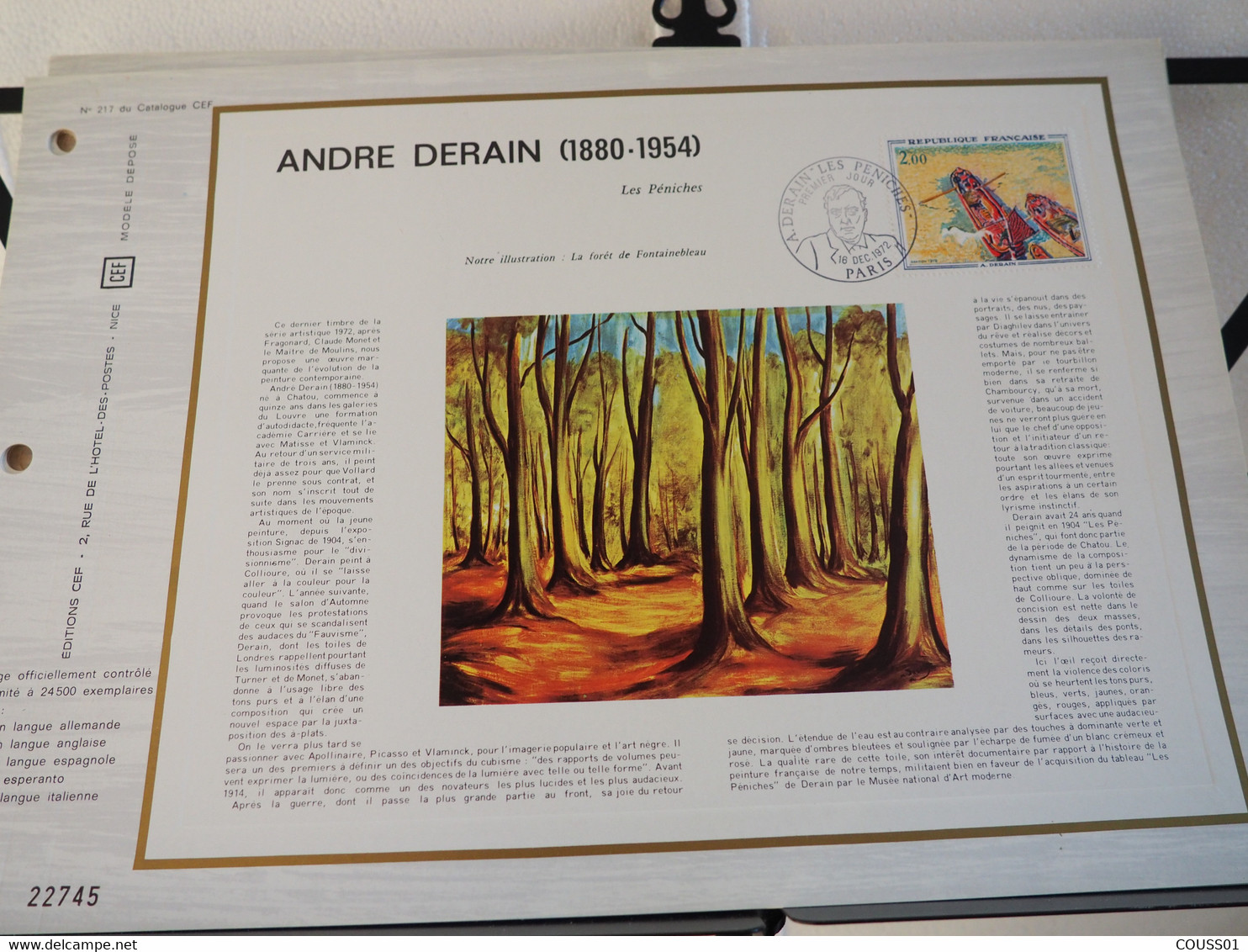 France Feuillet CEF - Premier Jour - FDC André Derain - Les Péniches - Premier Jour, Paris (16/12/1972) - Sonstige & Ohne Zuordnung