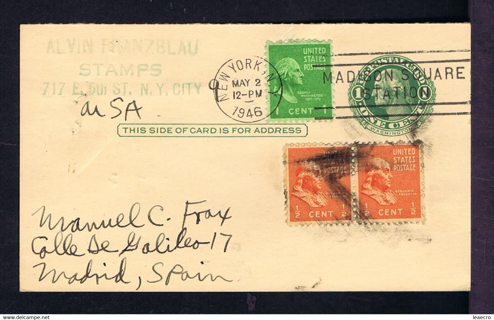 Gc6330 USA Postal Stationery+ Additionals George Washington, Benjamin Franklin 1946 Mailed Madrid - George Washington