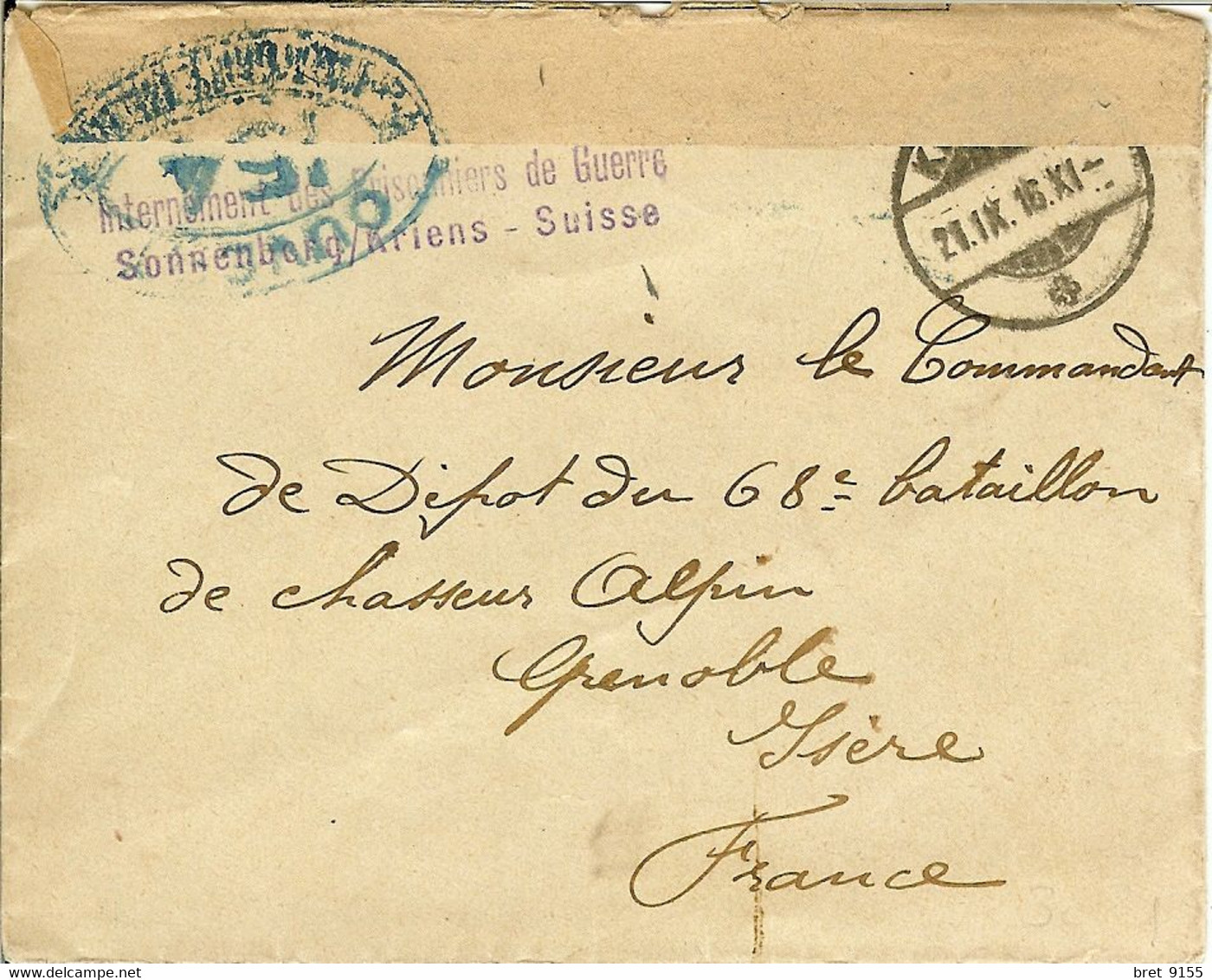 INTERNEMENT DES PRISONNIERS DE GUERRE SONNENBERG/KRIENS SUISSE OUVERT PAR AUTORITE MILITAIRE - Postmark Collection