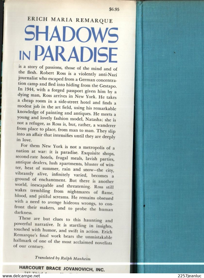 Shadows In Paradise  A Novel By Eric Maria Remarque - Copyright 1972 - Sonstige & Ohne Zuordnung