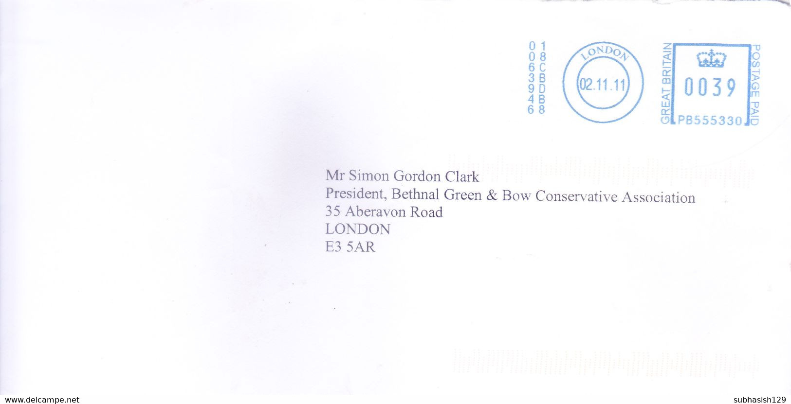 GREAT BRITIAN : METER FRANKING : YEAR 2011 : COVER POSTED FROM LONDON FOR DOMESTIC DESTINATION - Brieven En Documenten