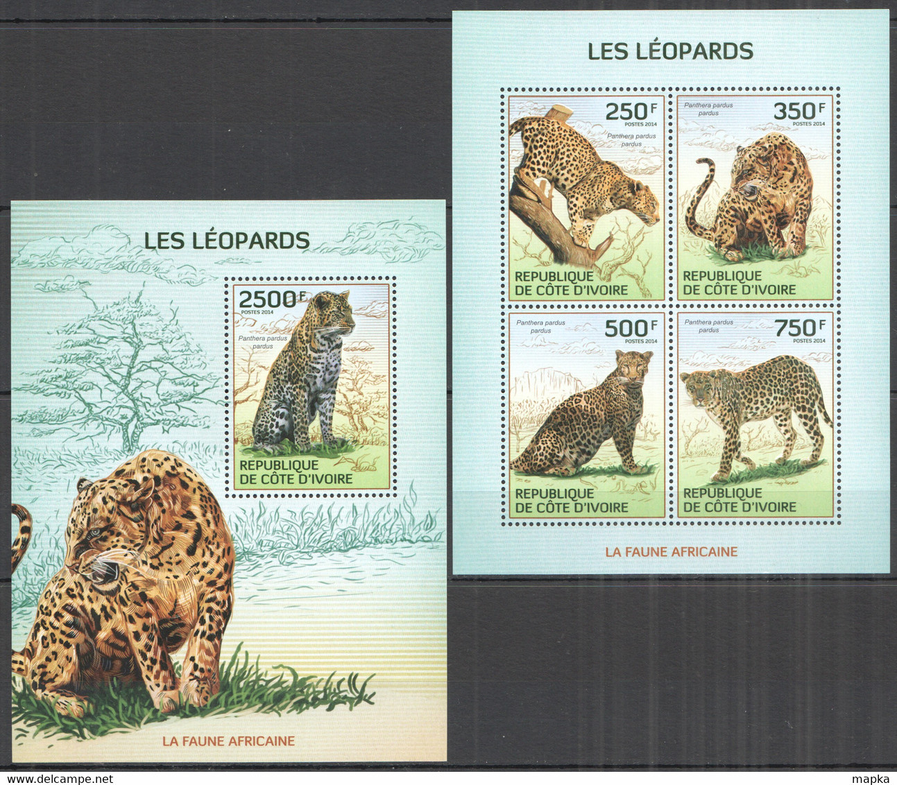 IC015 2014 IVORY COAST EMBOSSED AFRICAN FAUNA LEOPARDS WILD CATS ANIMALS #1594-8 BL206 MNH - Roofkatten