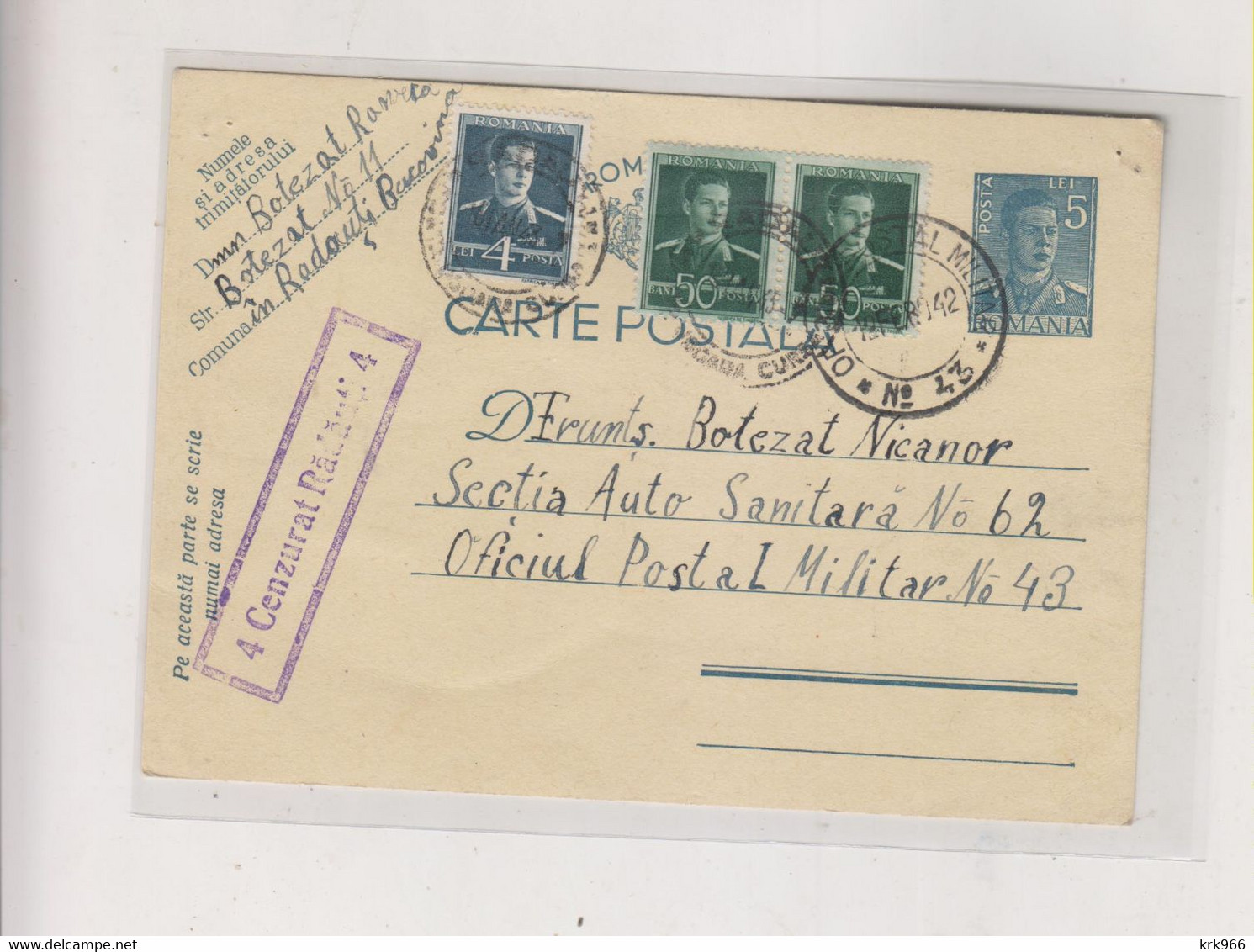 ROMANIA WW II 1942 Nice Censored Postal Stationery To Military Address Postal Militar No 43 - 2de Wereldoorlog (Brieven)