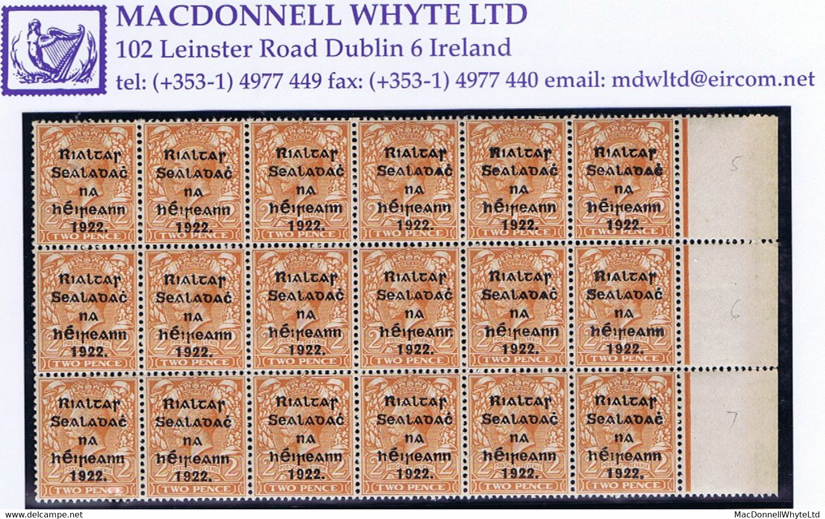 Ireland 1922 Thom Rialtas Blue-black 2d Orange Die 1 Marginal Block Of 18 Mint Unmounted, Plate 5 Showing Junction Of St - Ungebraucht