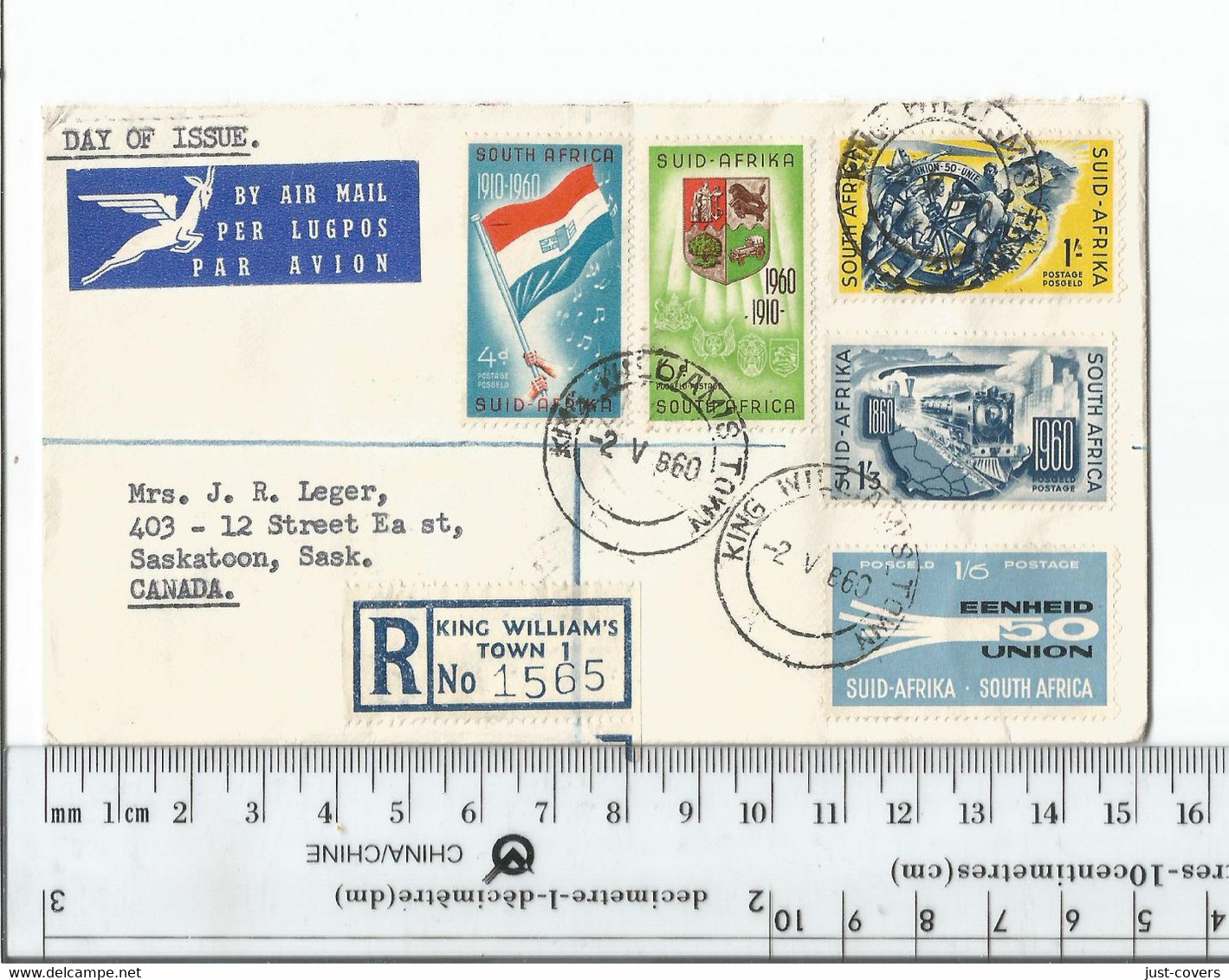 South Africa Registered King William's Town To Saskatoon Saskatchewan Canada May 2 1960............................Box 9 - FDC