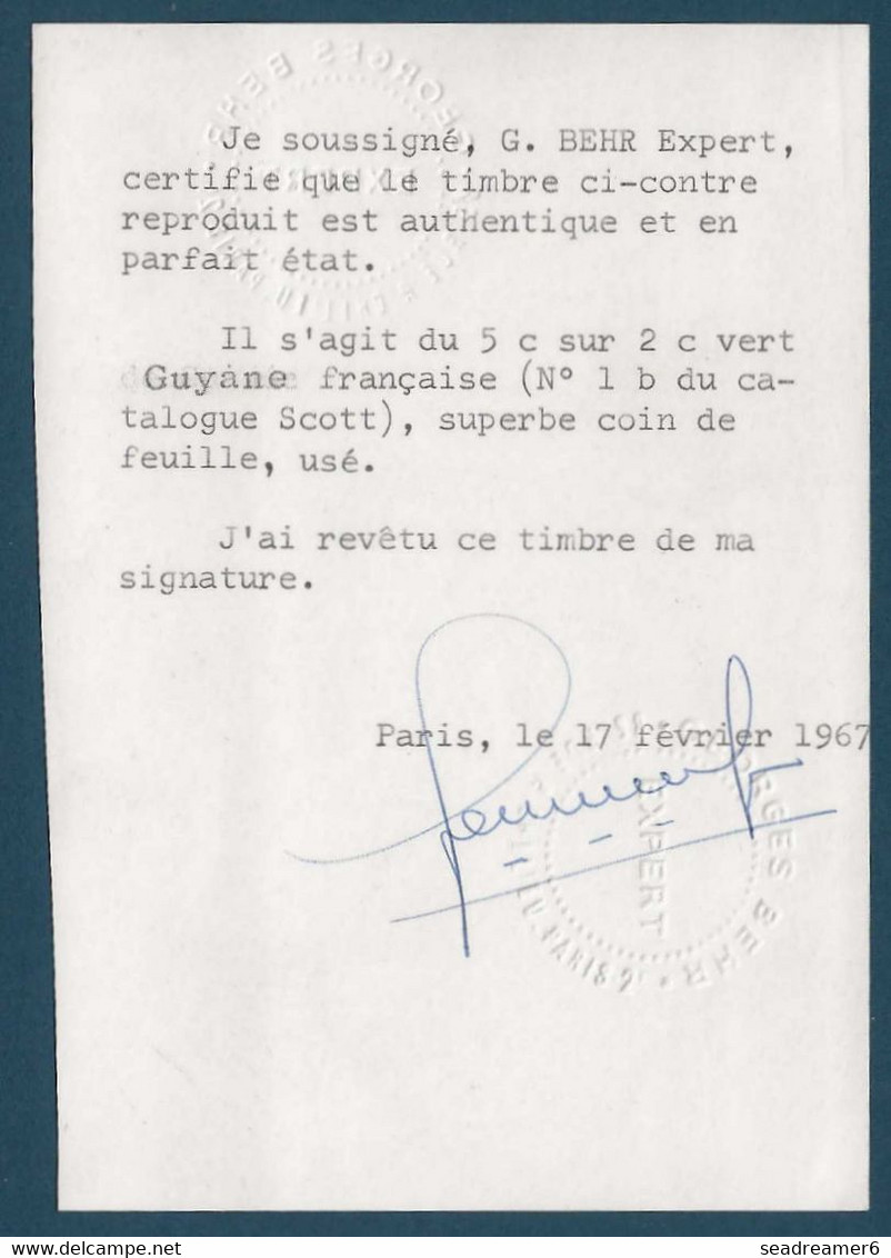 France Colonies Françaises Fragment GUYANE N°1b 5c Sur 2c Vert Oblit Dateur "GUYANE/CAYENNE" JUIN 1887 Certificat BEHR - Oblitérés