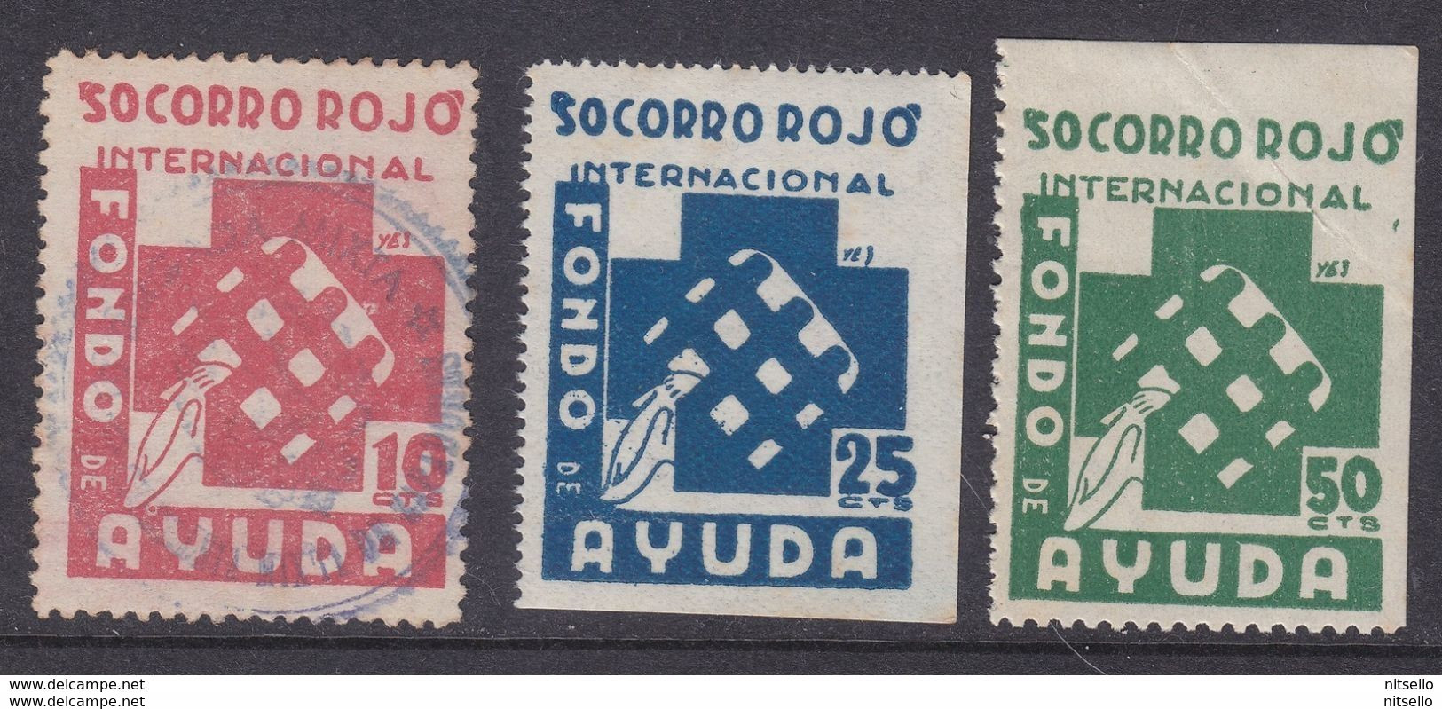 LOTE 2112A  ///  (C105) GUERRA CIVIL 3 VIÑETAS SOCORRO ROJO INTERNACIONAL FONDO DE AYUDA 2 **MNH Y 1 USADO - Republikanische Ausgaben