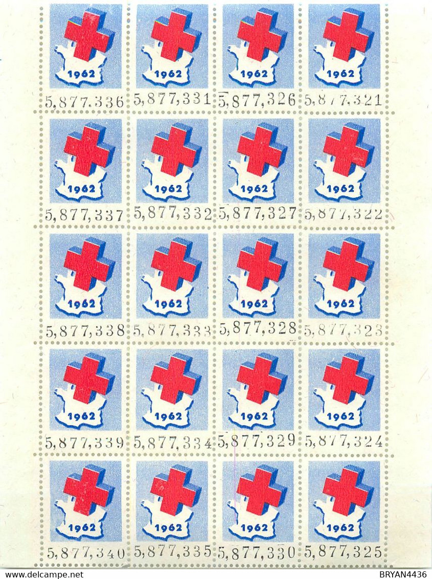 CROIX ROUGE - 1962 - BLOC FEUILLET De 20 TIMBRES VIGNETTES  Tous NUMEROTES - TRES BON ETAT - Red Cross