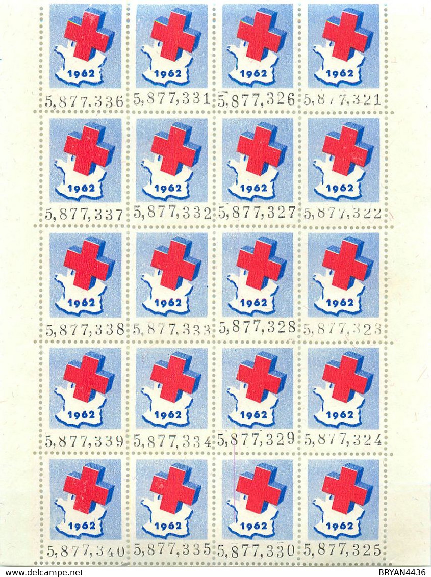 CROIX ROUGE - 1962 - BLOC FEUILLET De 20 TIMBRES VIGNETTES  Tous NUMEROTES - TRES BON ETAT - Croix Rouge