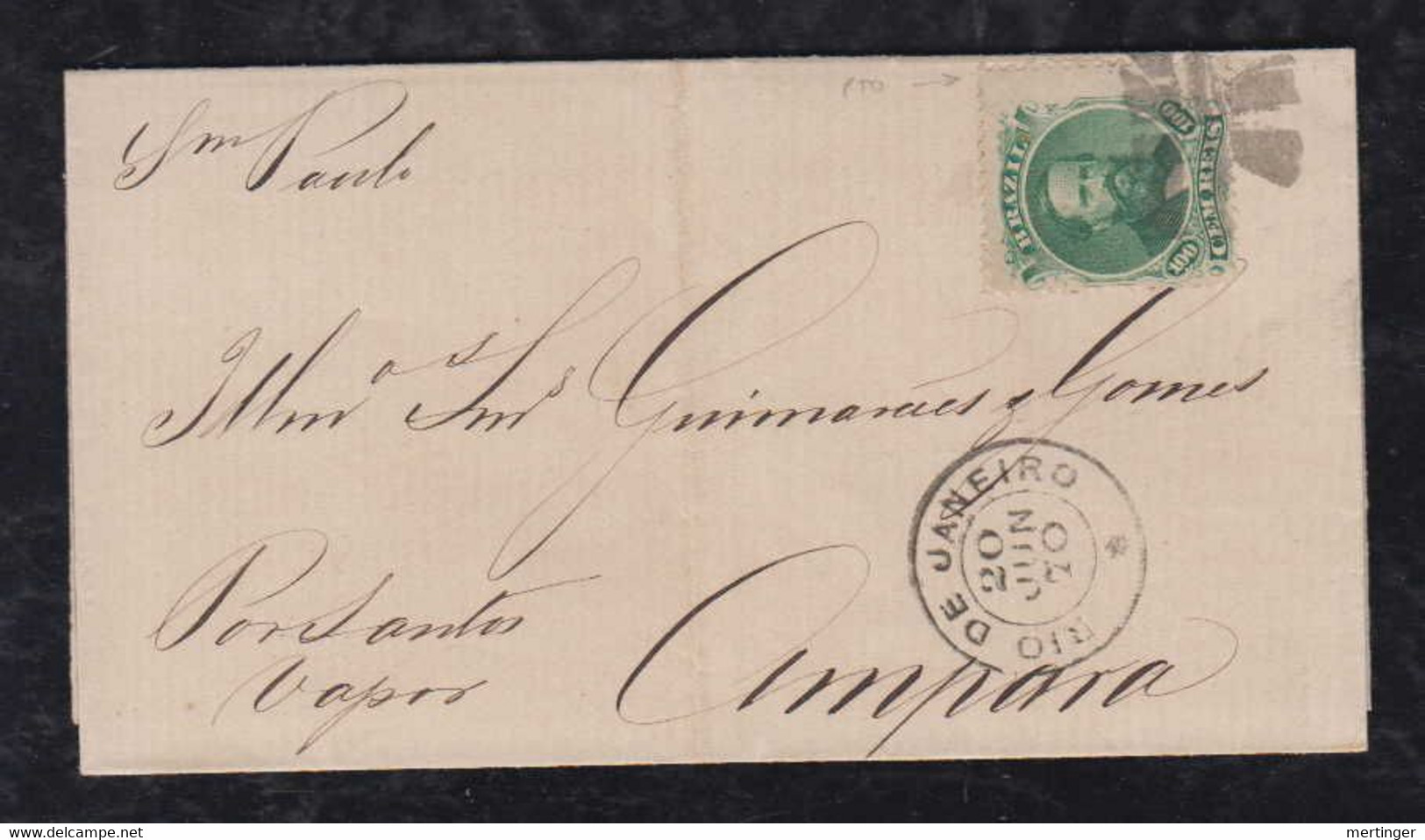 Brazil Brasil 1870 Entire Cover 100R Dom Pedro RIO To AMPARA Error Green Dot In Stamp - Briefe U. Dokumente