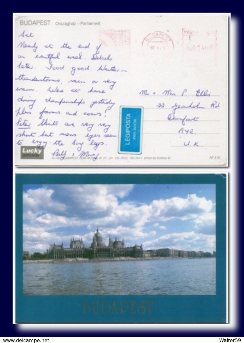1992 Hungary Ungarn Ak Postcard Budapest Parlament Posted To Scotland Red Meter Novotel - Poststempel (Marcophilie)