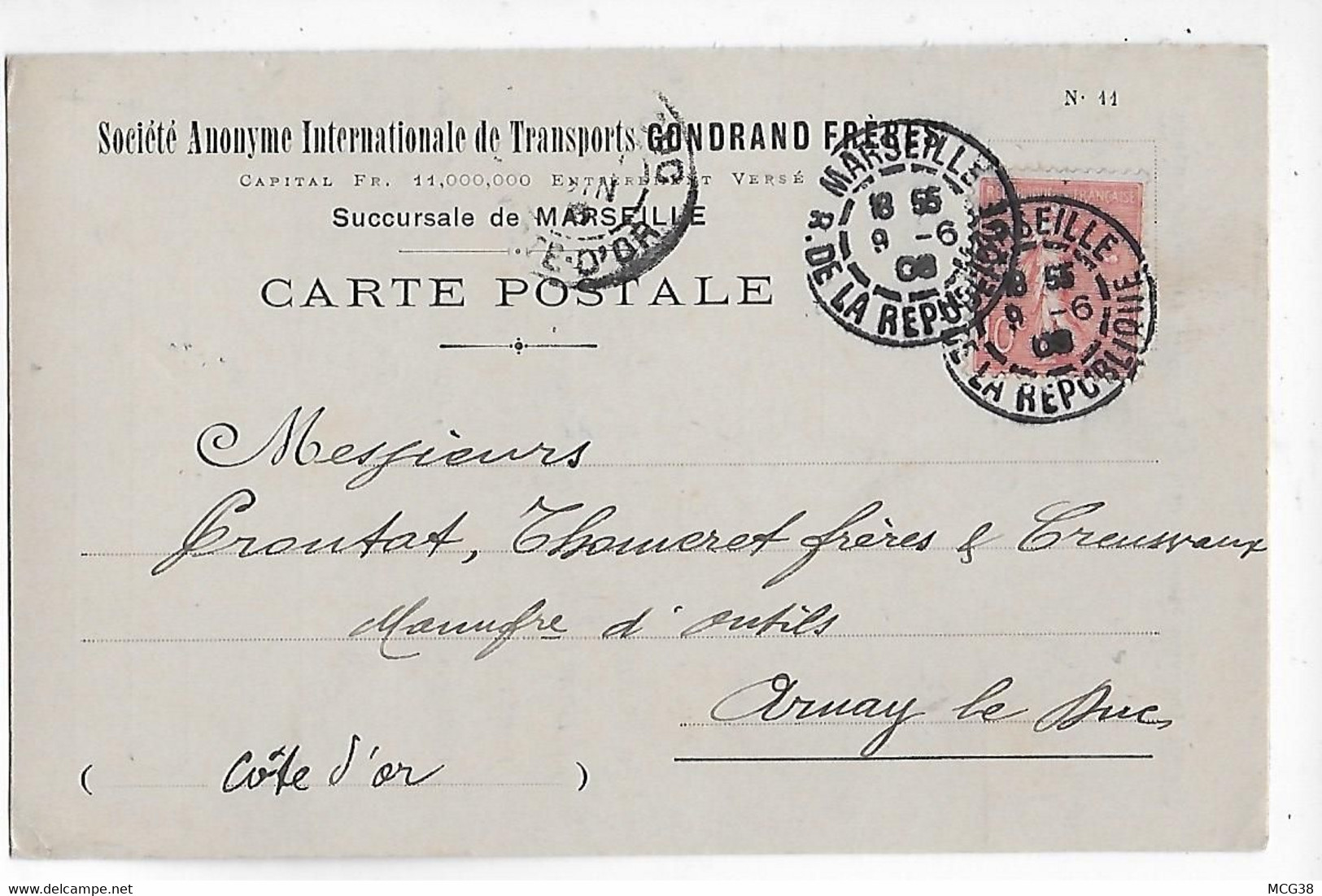 MARCOPHILIE  -  CARTE  POSTALE  COMMERCIALE   -  GONDRAND  Frères  /  MARSEILLE  à  ARNAY  Le  DUC  En  1906 - 1903-60 Säerin, Untergrund Schraffiert