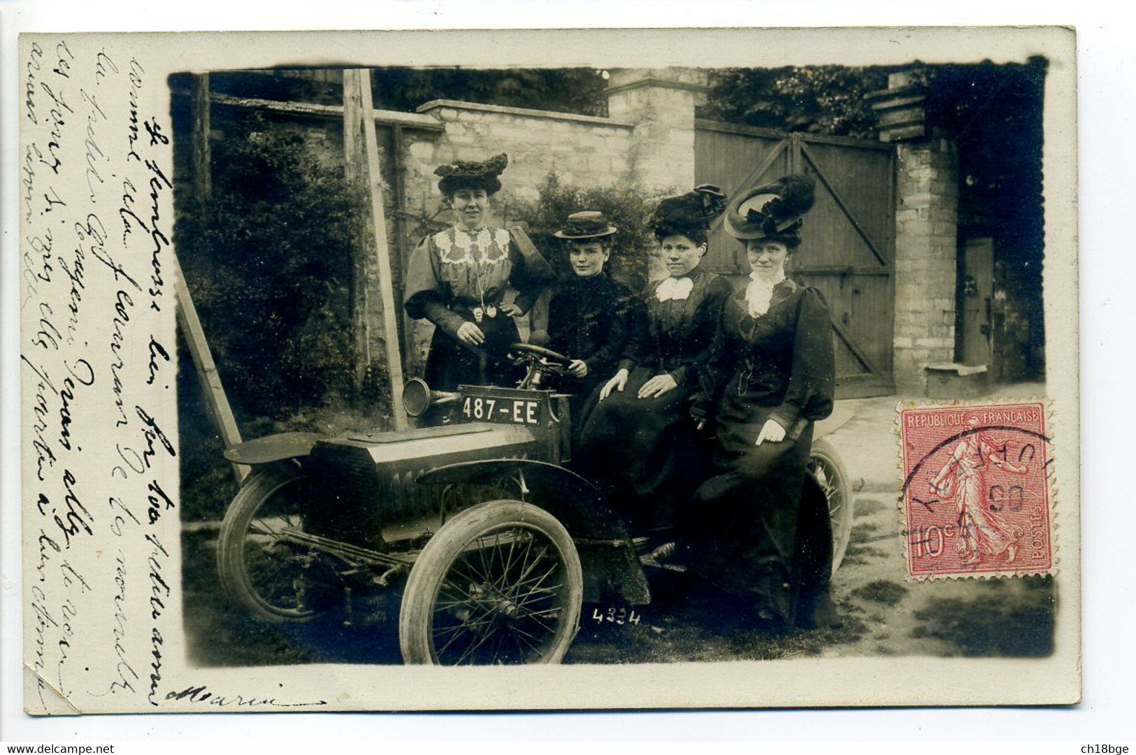 Carte Photo Automobile Ancienne 1906, Voiturette, (marque à Déterminer) - Femmes En Tenue D'époque (Mode) - Turismo