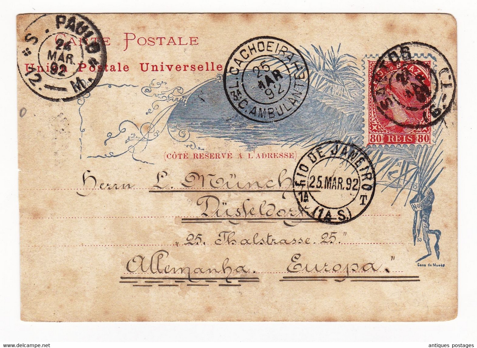 Carte Postale 1892 Brésil Brasil Brazil Rio De Janeiro Sao Paulo Santos Cachoeira Ambulante Düsseldorf Deutschland - Briefe U. Dokumente