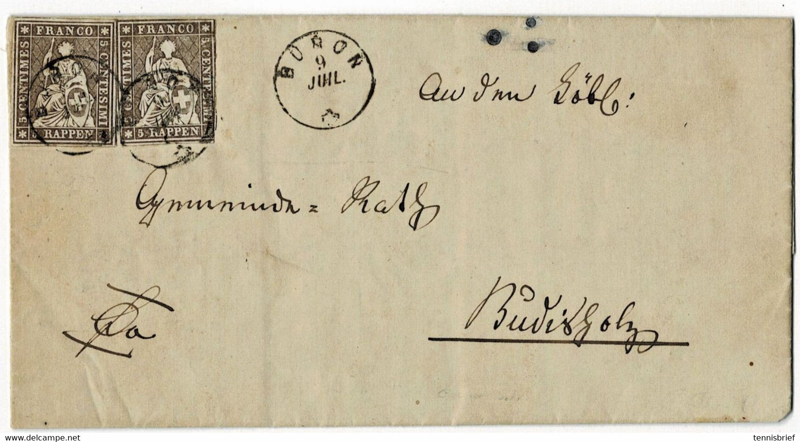 1862, 5 Rp. (2) , Fingerhut " BÜRON " , Brief. 1 Wert Weissrandig ! ,#a6638 - Lettres & Documents