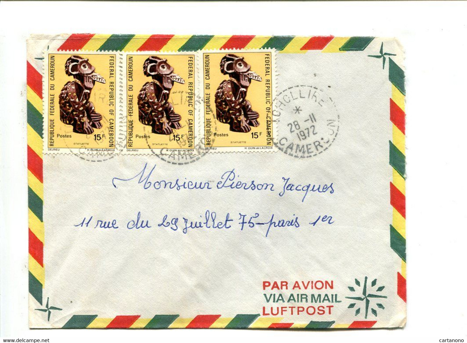 CAMEROUN Icholire 1972  - Affranchissement Multiple Sur Lettre (cachet Perlé) -  Statuette - Camerún (1960-...)