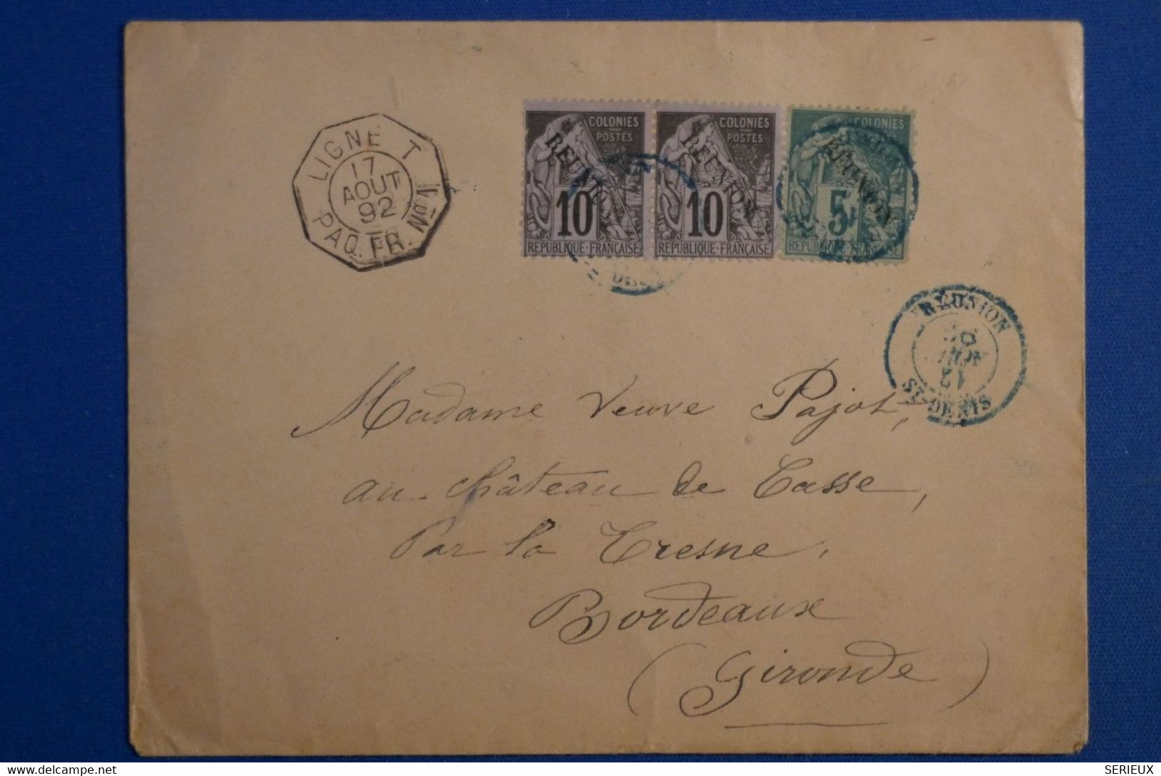 Q8 LA REUNION BELLE LETTRE TRES RARE 1892 PAQUEBOT SAINT DENIS POUR BORDEAUX FRANCE+ PAIRE DE TP SANS ACCENT - Lettres & Documents