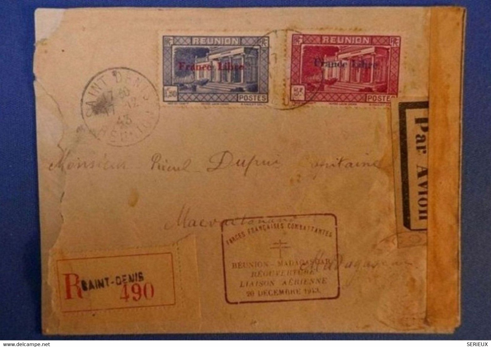 K15 LA REUNION LETTRE RARE RECOM. 1943 ST DENIS +CENSURE +FORCES FRANC .REOUVERTURE L. AERIENNE.CACHET ARR. MADAGASCAR - Storia Postale