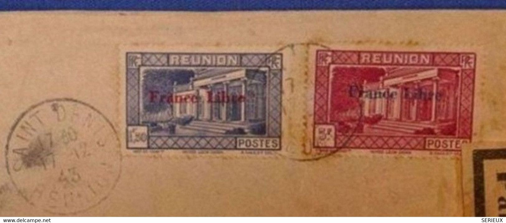 K15 LA REUNION LETTRE RARE RECOM. 1943 ST DENIS +CENSURE +FORCES FRANC .REOUVERTURE L. AERIENNE.CACHET ARR. MADAGASCAR - Briefe U. Dokumente