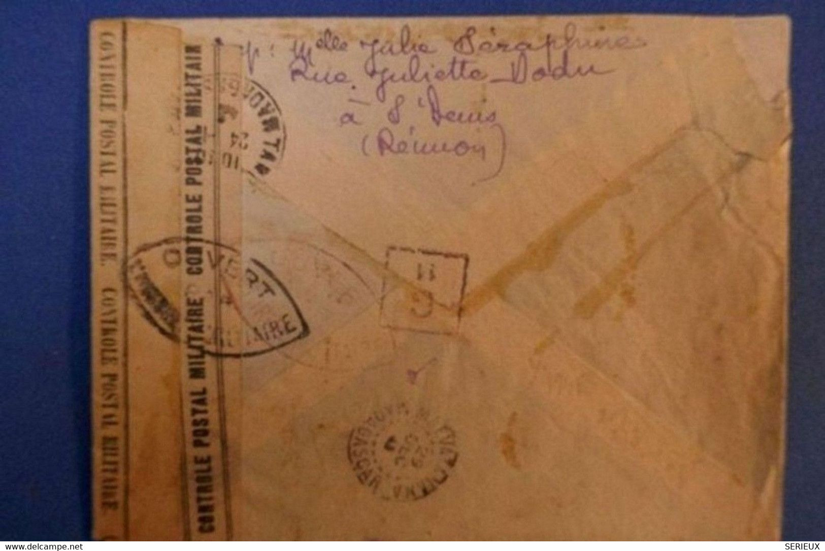 K15 LA REUNION LETTRE RARE RECOM. 1943 ST DENIS +CENSURE +FORCES FRANC .REOUVERTURE L. AERIENNE.CACHET ARR. MADAGASCAR - Briefe U. Dokumente