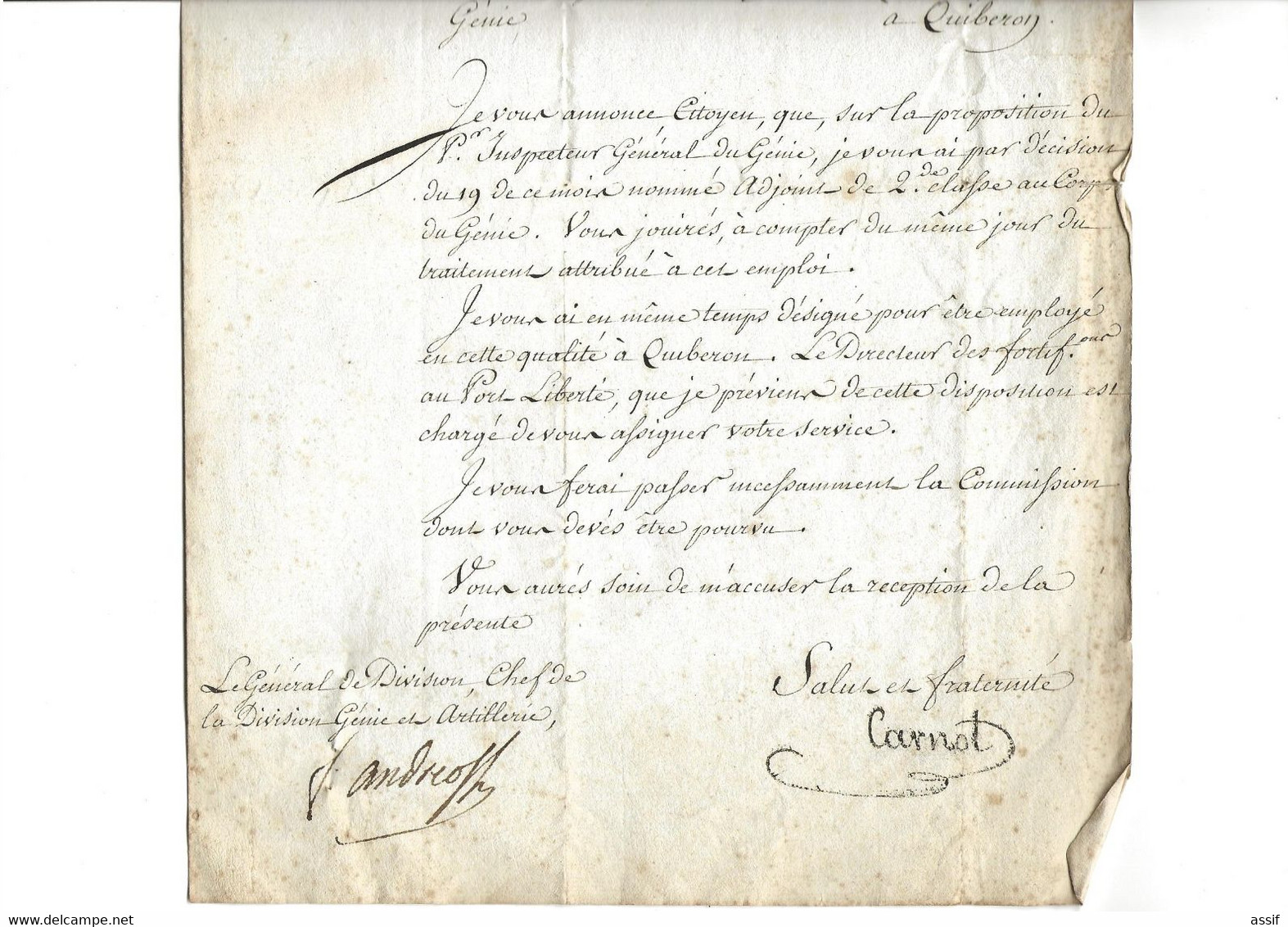 Autographe Carnot Ministre Guerre  Andreossy Général 24 Germinal An 8  Nomination Adjoint Génie Lettre Linéaire DEB - Documentos