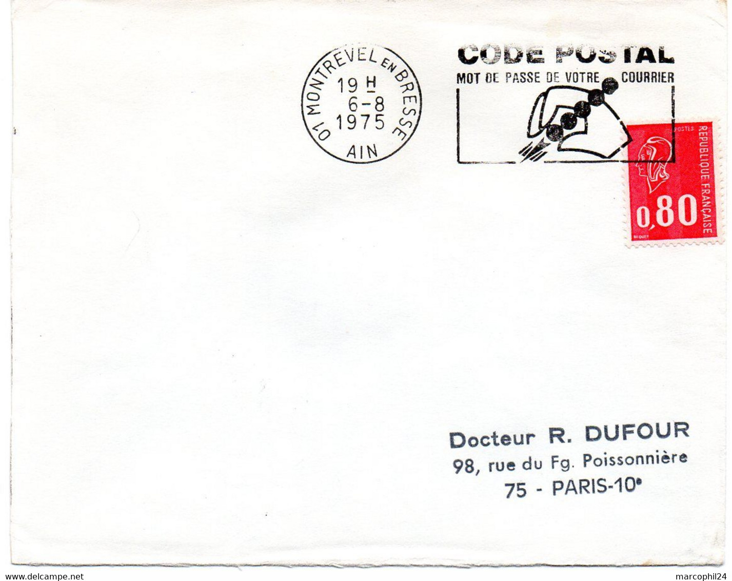 AIN - Dépt N° 01 = MONTREVEL En BRESSE 1975 = FLAMME à DROITE = SECAP Illustrée   'CODE POSTAL / MOT DE PASSE ' - Postleitzahl