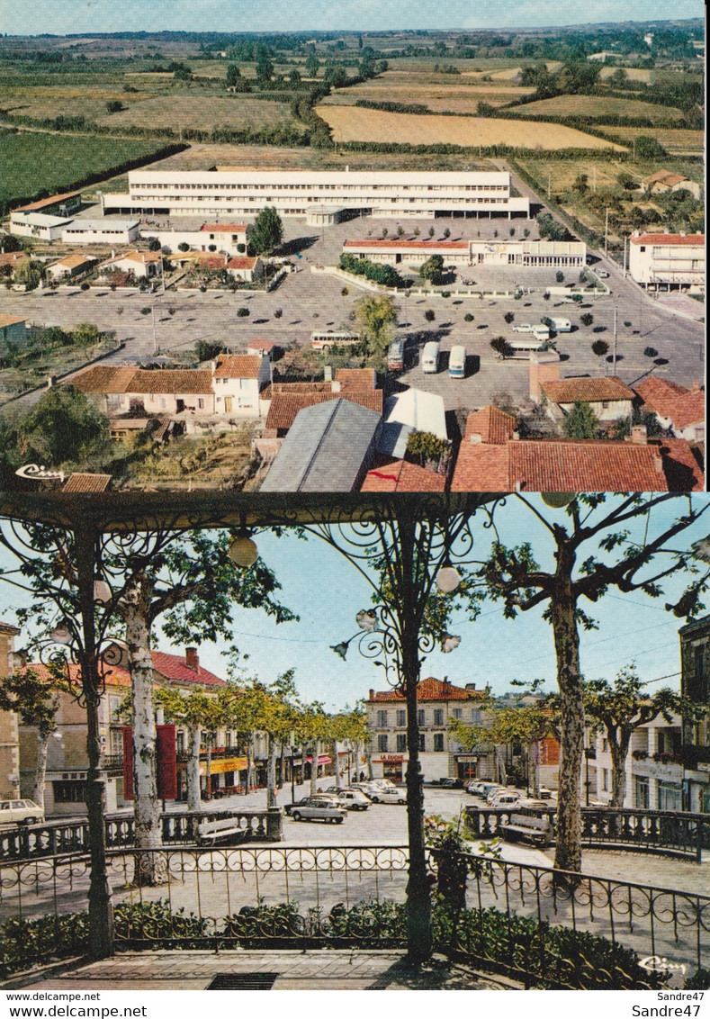 2 CPSM/gf (32) VIC-FEZENSAC.  Vue Générale Aérienne  /  La Grande Place, Commerce Café Des Sport, La Ruche, BNP. .*6399 - Vic-Fezensac