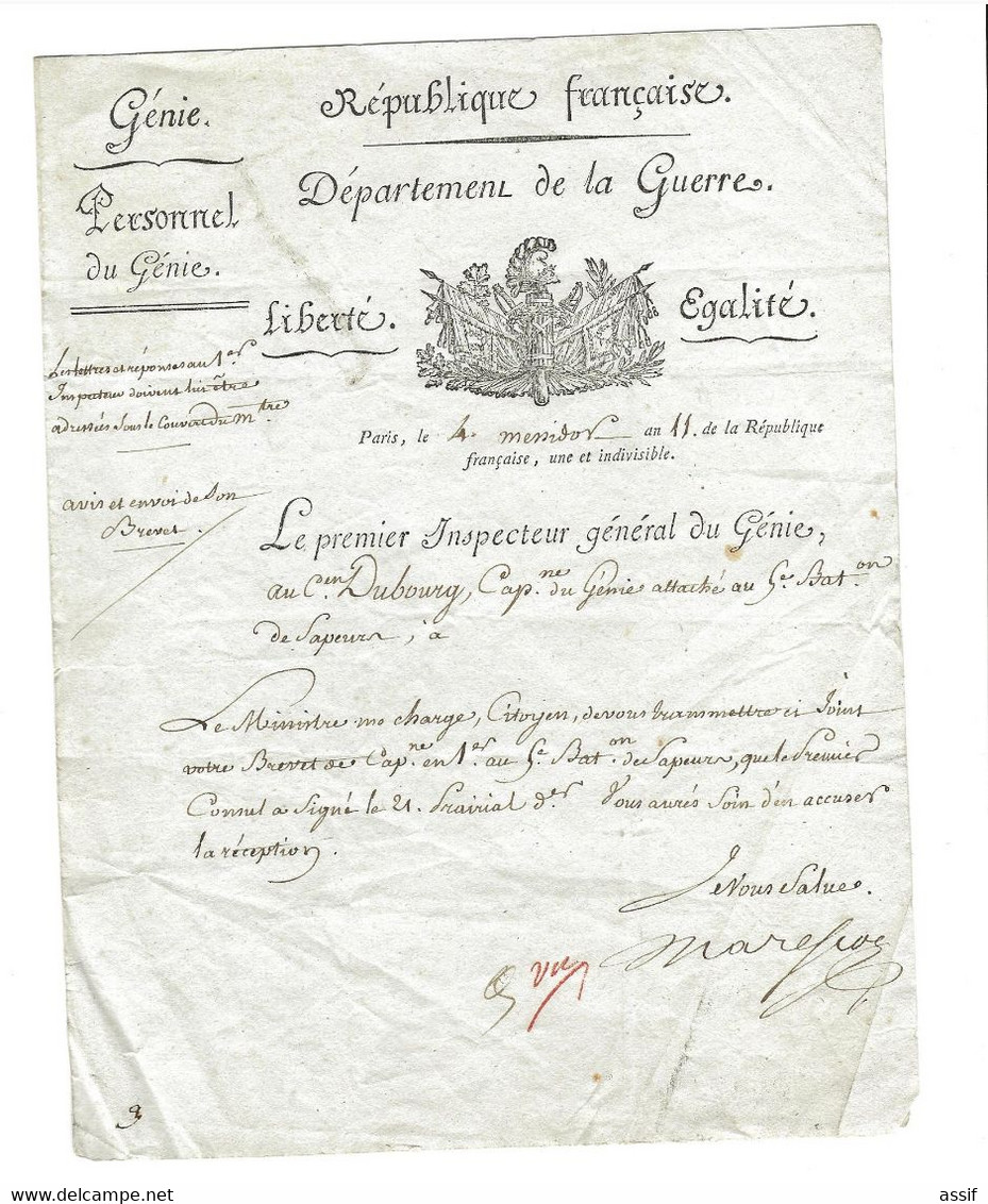Autographe Marescot Premier Inspecteur Général Du Génie ,  Capitaine Dubourg Messidor An 11 - Dokumente
