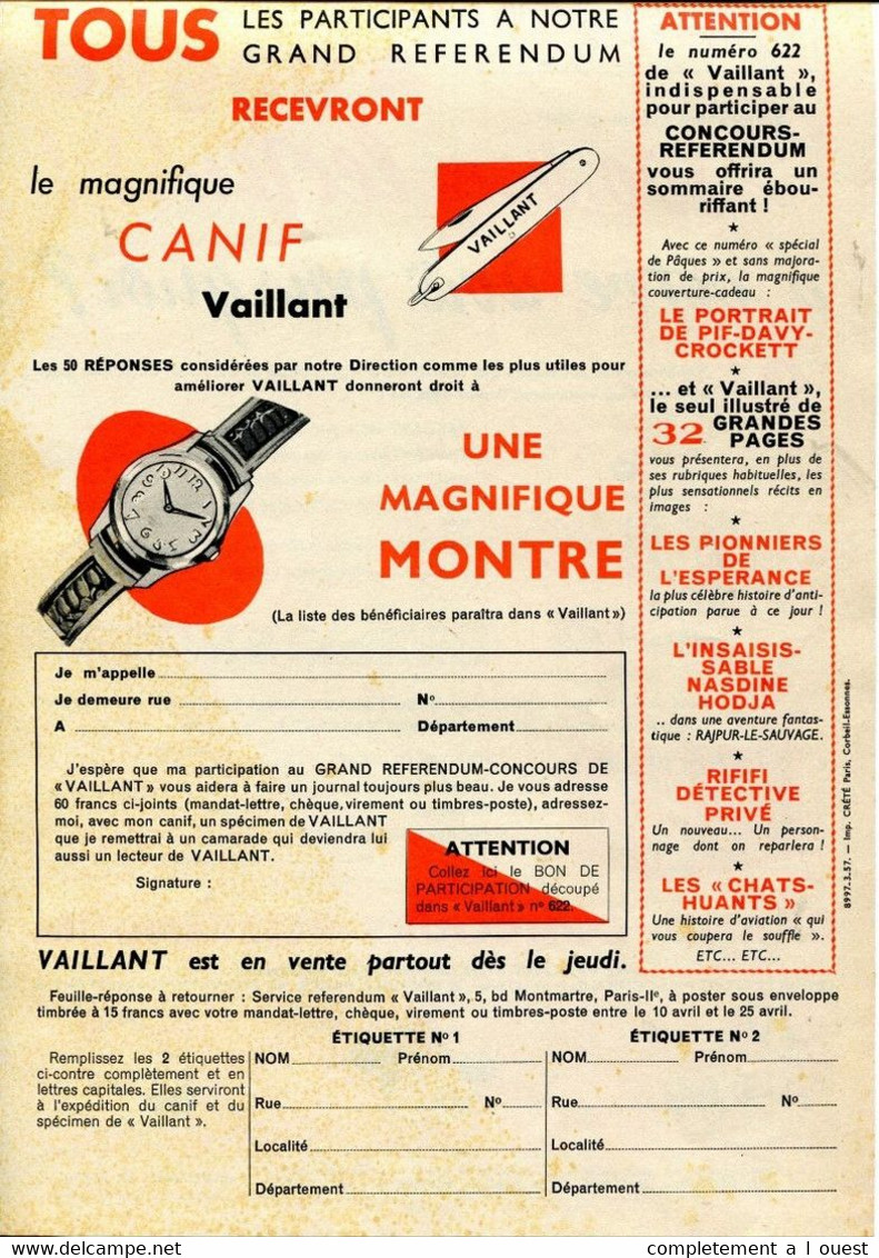 Vaillant 620 Supplément Pour Le Référendum Vaillant 622 Pif Placid Muzo Couteau Canif Montre - Vaillant