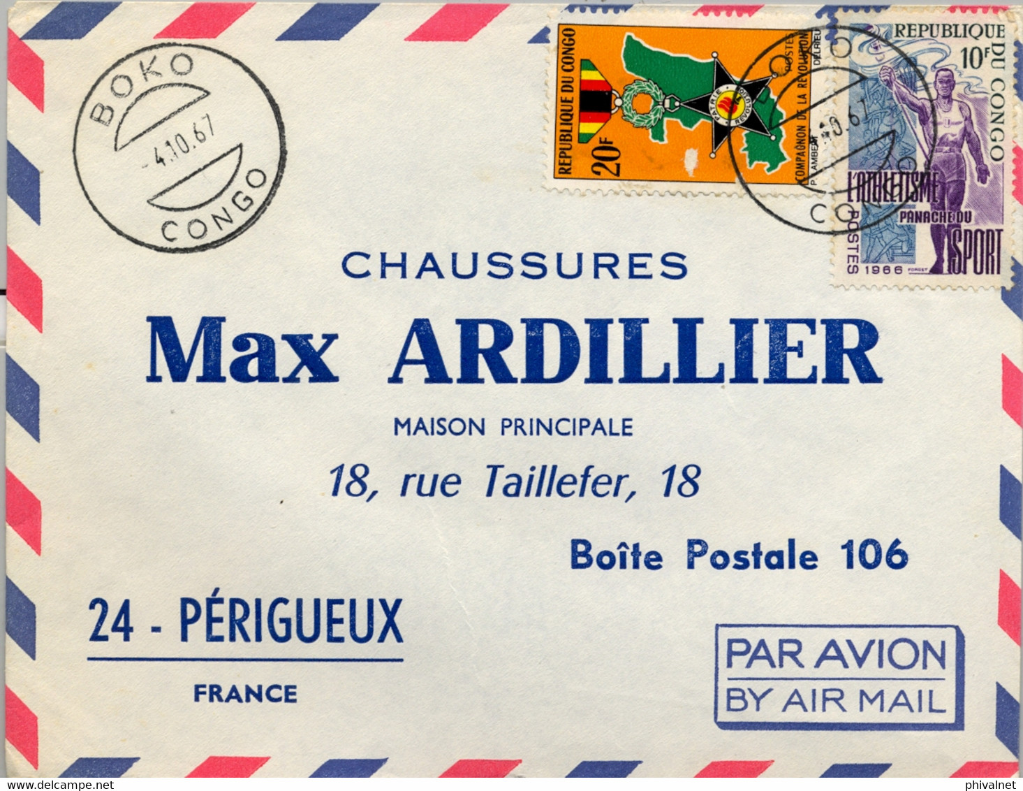 1967 CONGO , SOBRE CIRCULADO , CORREO AÉREO ,  BOKO - PERIGUEUX , REVOLUCIÓN , ATLETISMO , ATHLETISME - Other & Unclassified