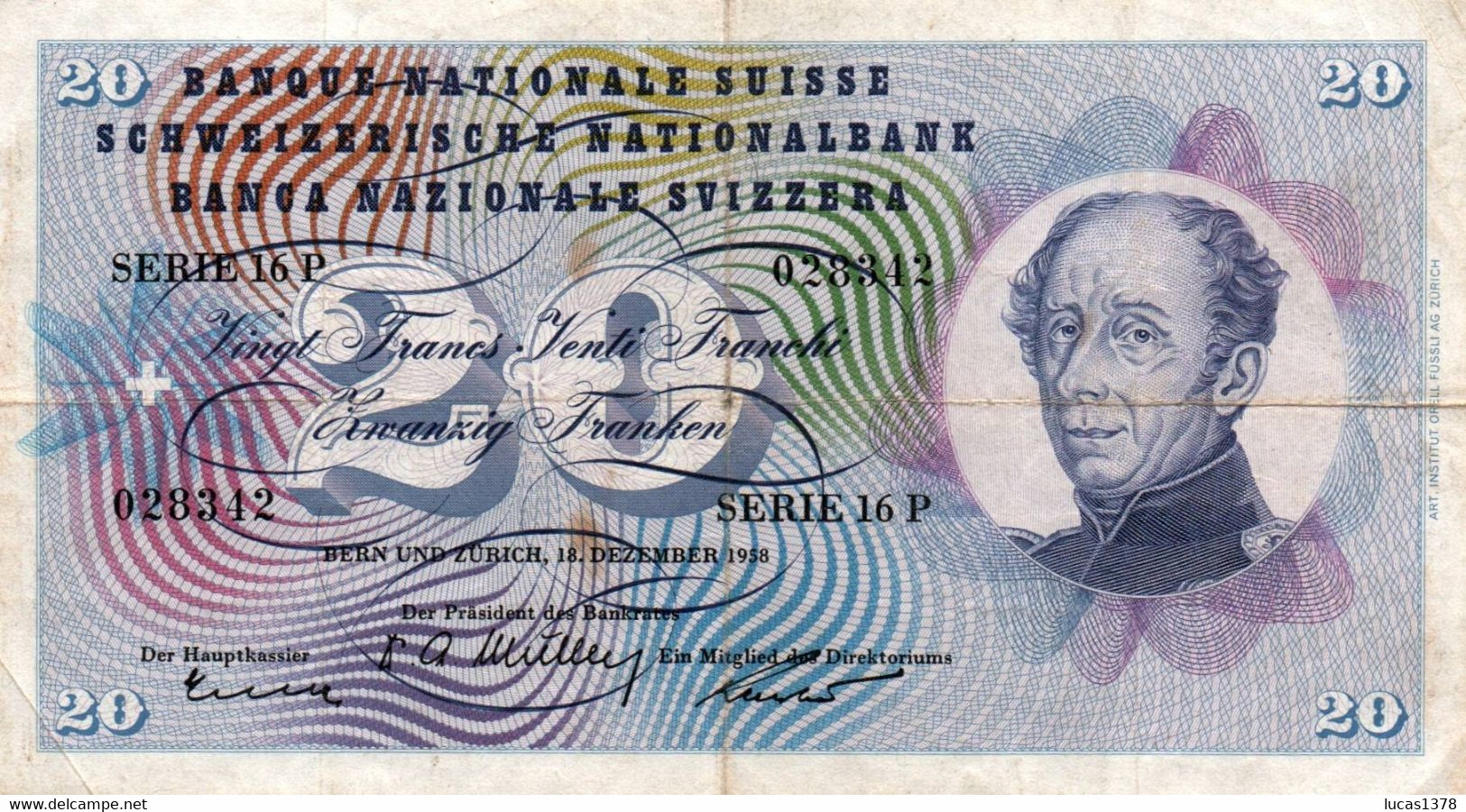 Suisse - Billet De 20 Francs - Guillaume-Henri Dufour / 18 /12/ 1958 / TBE - Svizzera